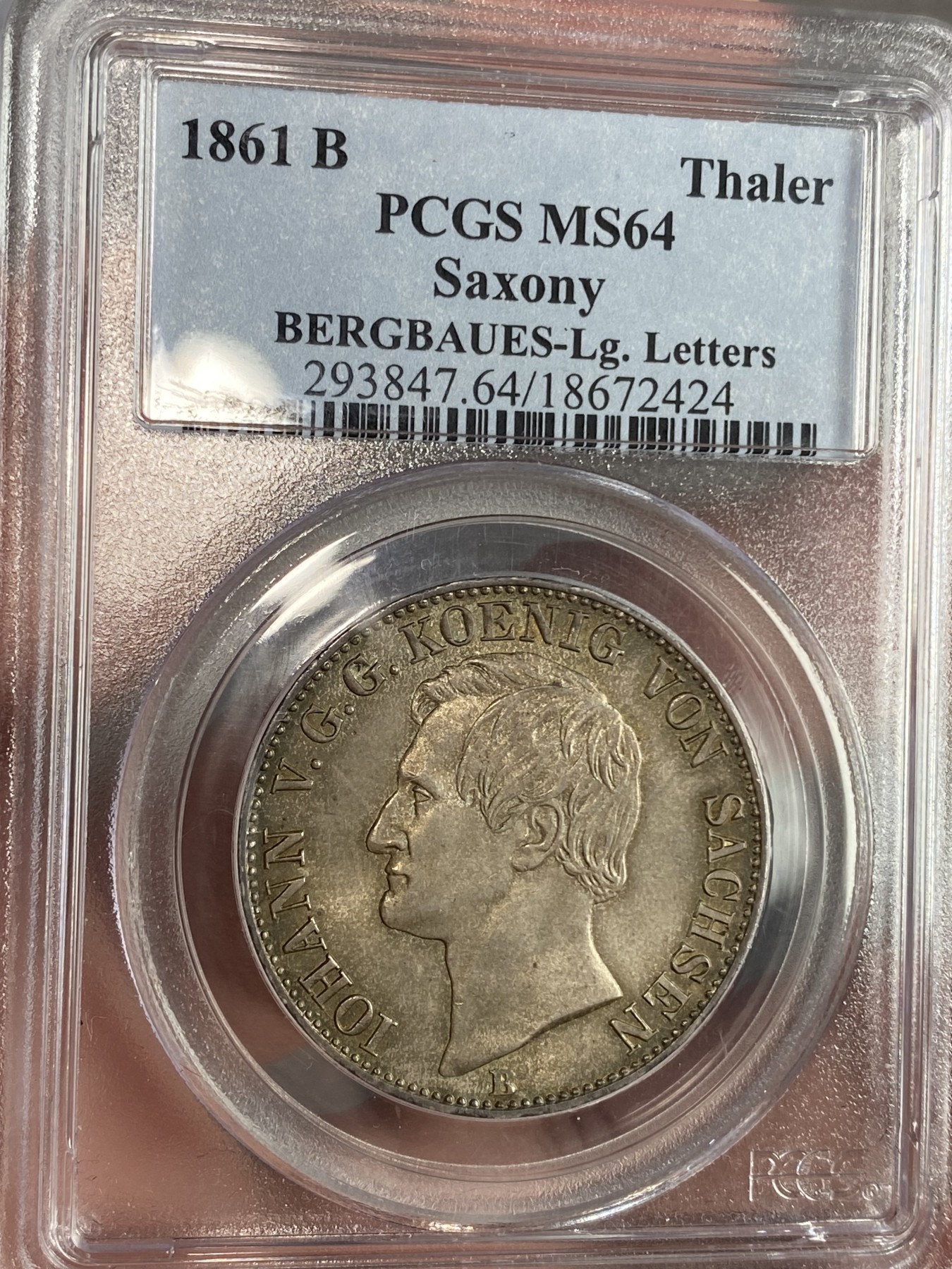 万国钱币拍卖第024期（诸神之战） PCGS MS64 1861年德国萨克森矿业祈祷流通1泰勒 均匀的酱彩包浆 经典的PC小白盒