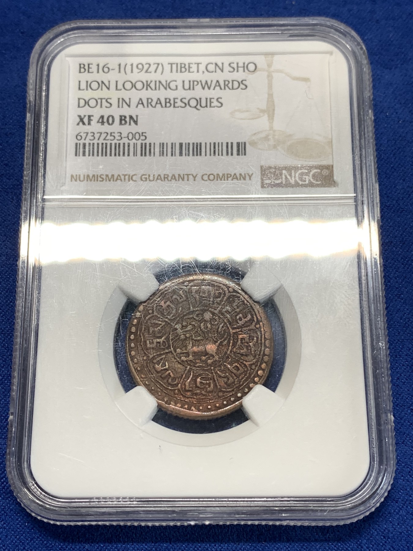 《竞宝斋》第261场-周日，周一，周二 3场连拍 (全场包邮) NGC XF40BN 西藏横雪康铜币 抬头狮 1927年 少见年份