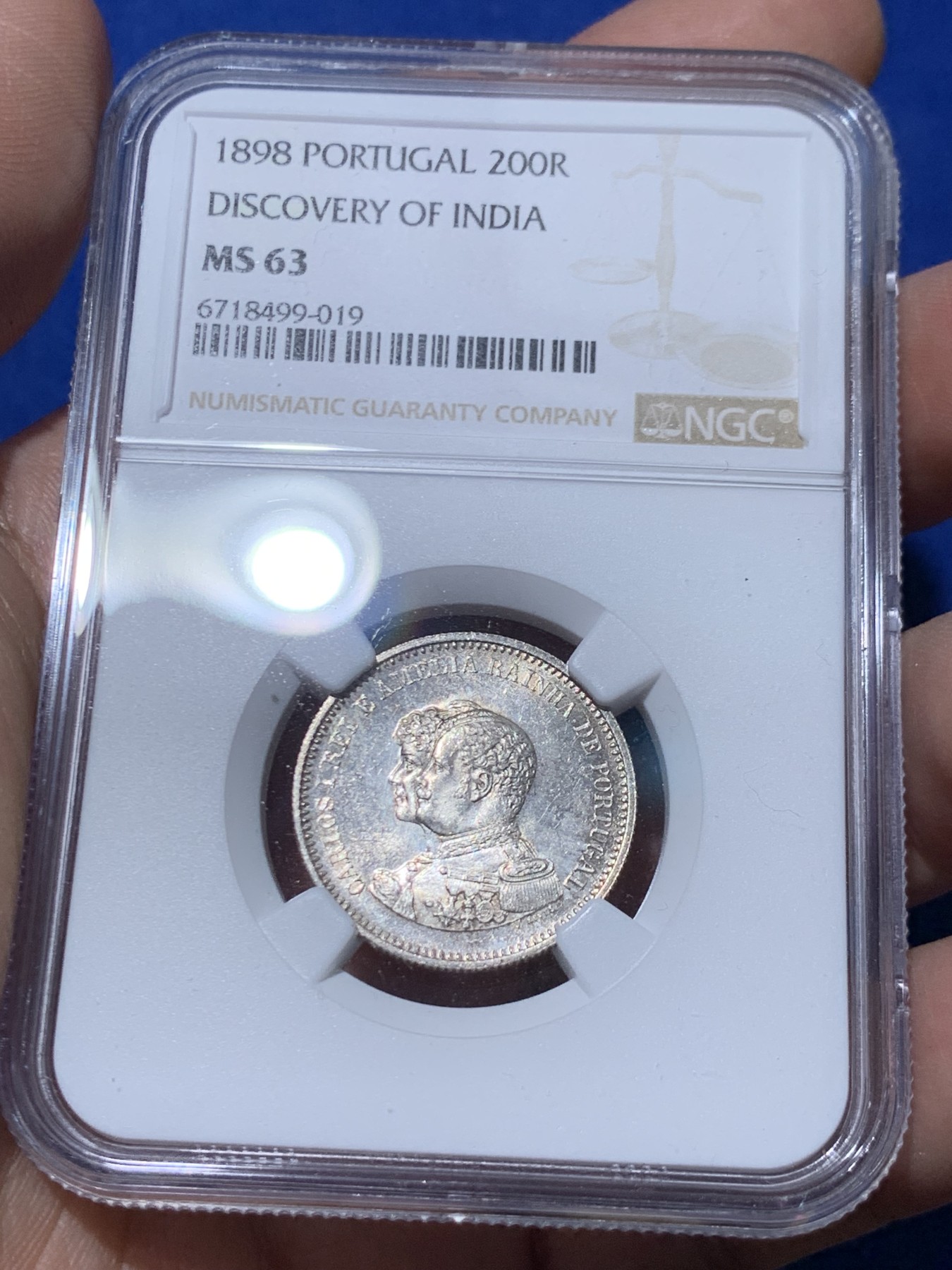 《竞宝斋》第261场-周日，周一，周二 3场连拍 (全场包邮) NGC MS63 葡萄牙1898年发现印度戎装版200瑞斯银币