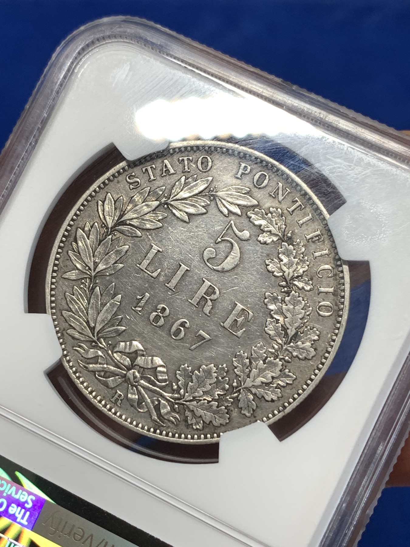 《竞宝斋》第261场-周日，周一，周二 3场连拍 (全场包邮) NGC AUD 1867意大利教皇国5里拉大银币