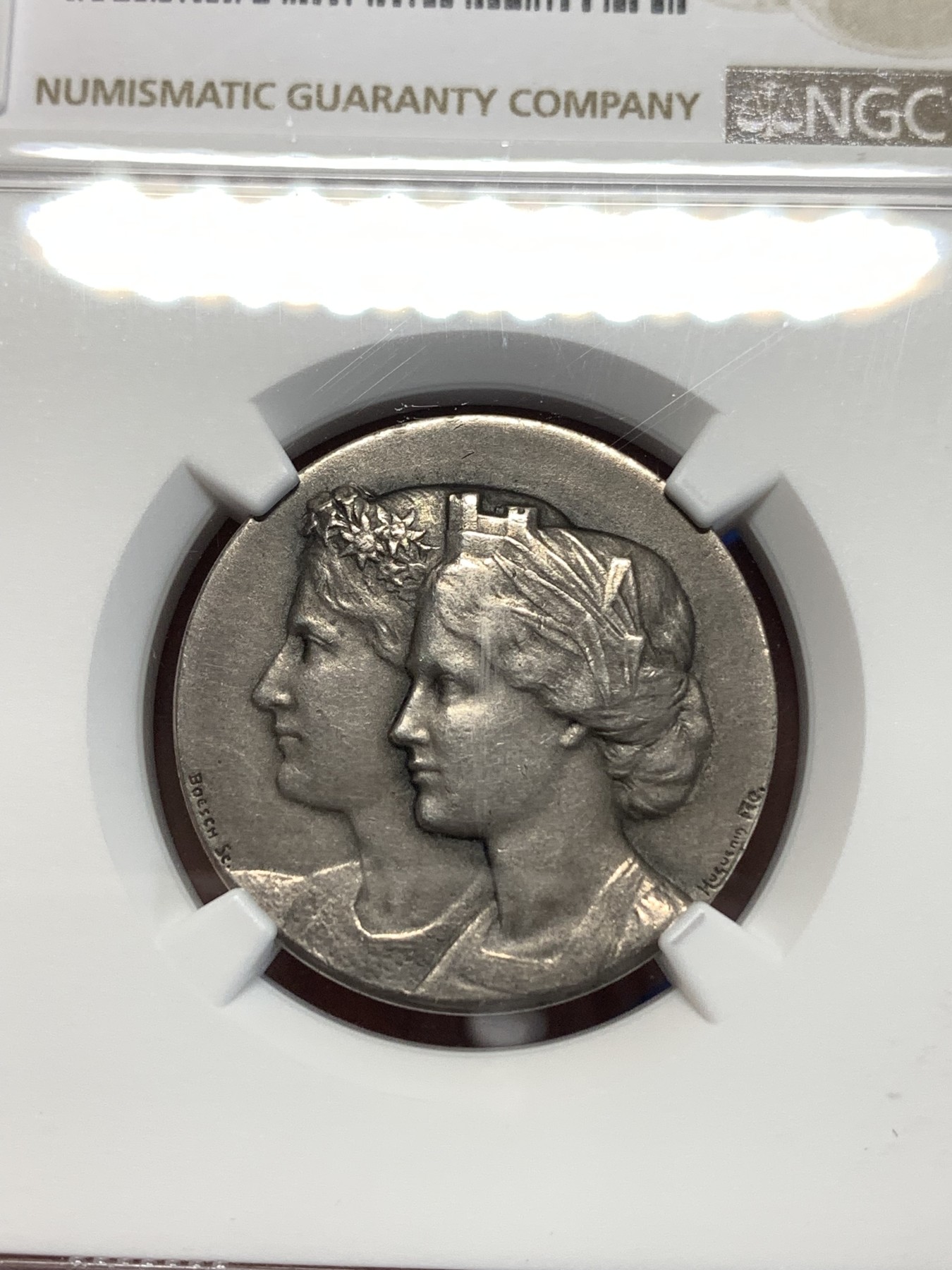 《竞宝斋》第261场-周日，周一，周二 3场连拍 (全场包邮) NGC MS62 瑞士1907年射击节银章 苏黎世射击节 正面为古典阿尔卑斯少女头像 很精致