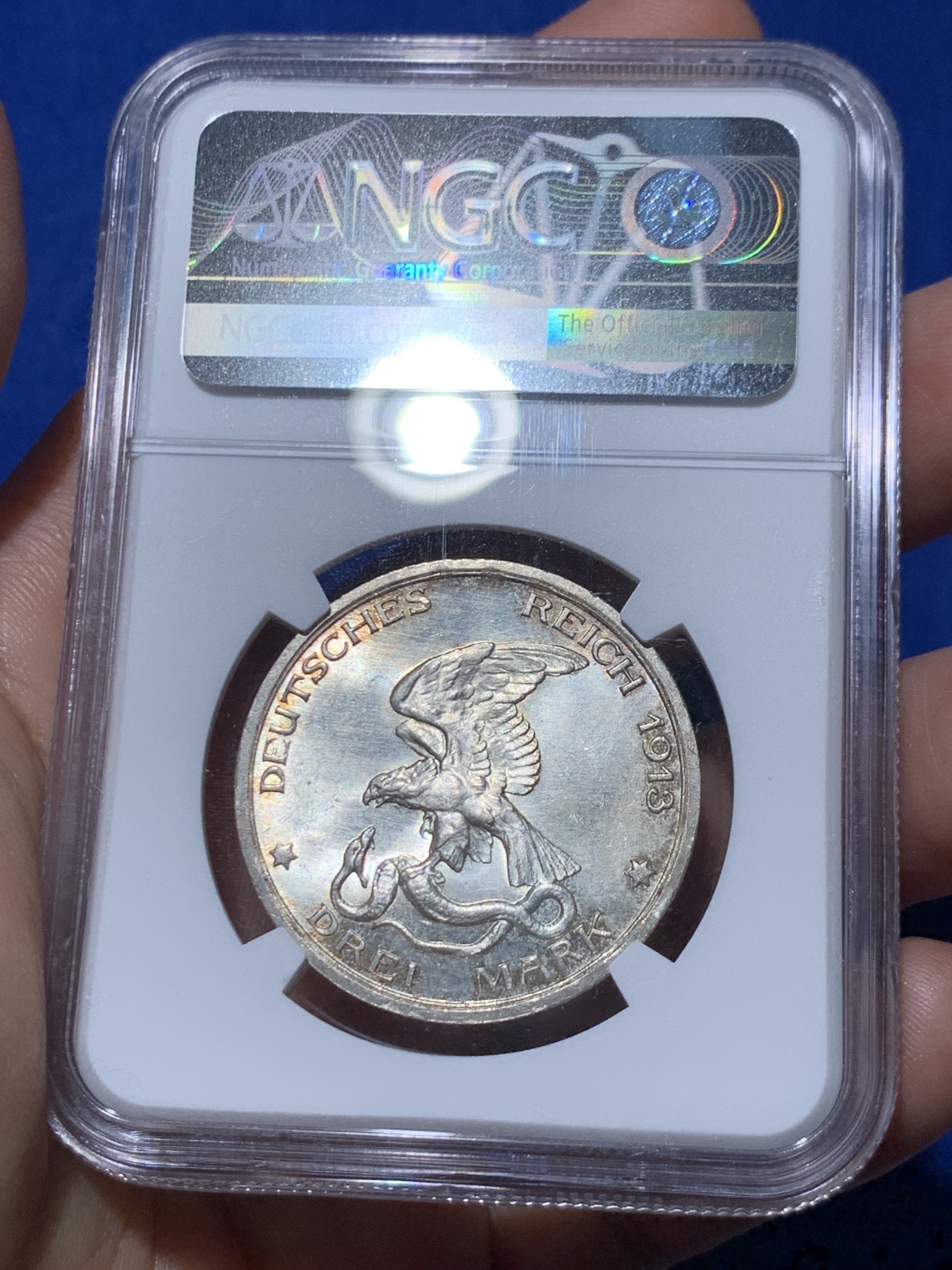 《竞宝斋》第261场-周日，周一，周二 3场连拍 (全场包邮) NGC MS64 德国普鲁士1913年普法战争3马克银币 好品 淡彩包浆 非常漂亮