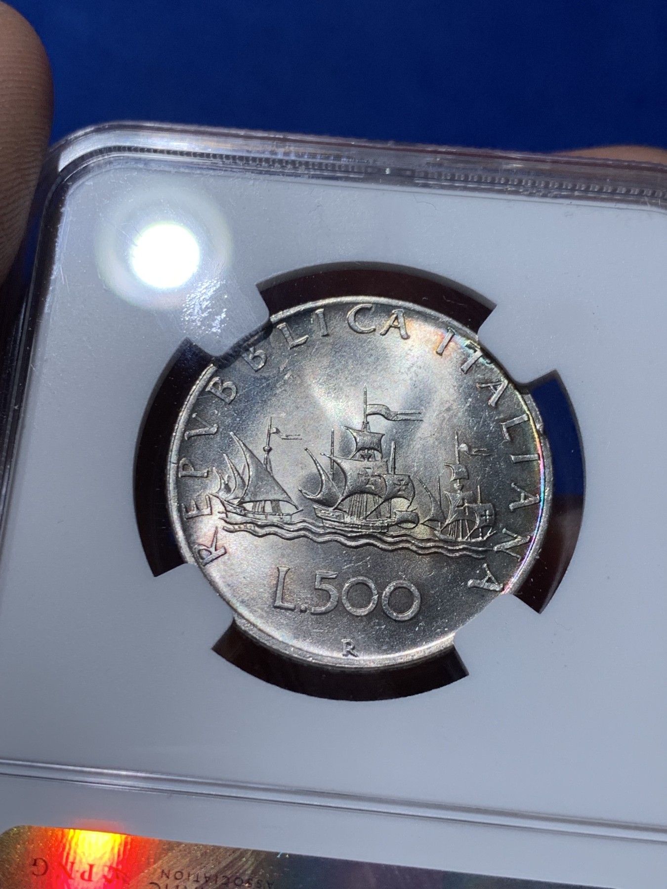 《竞宝斋》第261场-周日，周一，周二 3场连拍 (全场包邮) NGC MS63 意大利1958年人妻帆船500里拉银币