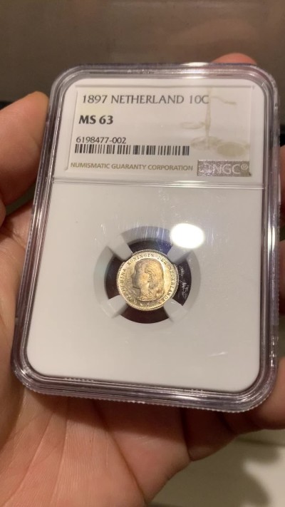 《竞宝斋》第261场-周日，周一，周二 3场连拍 (全场包邮) NGC MS63 荷兰1897年威廉明娜女王10分银币，最受欢迎的长发萝莉，转光喜人，底板有pl感。萝莉系列凑套必备