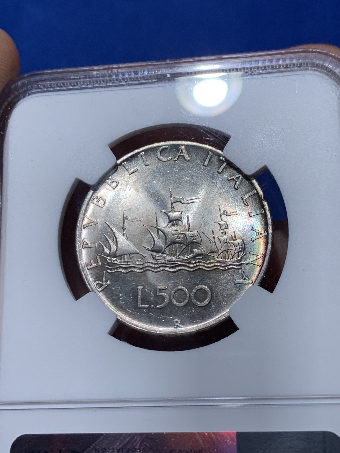 《竞宝斋》第261场-周日，周一，周二 3场连拍 (全场包邮) NGC MS63 意大利1958年人妻帆船500里拉银币