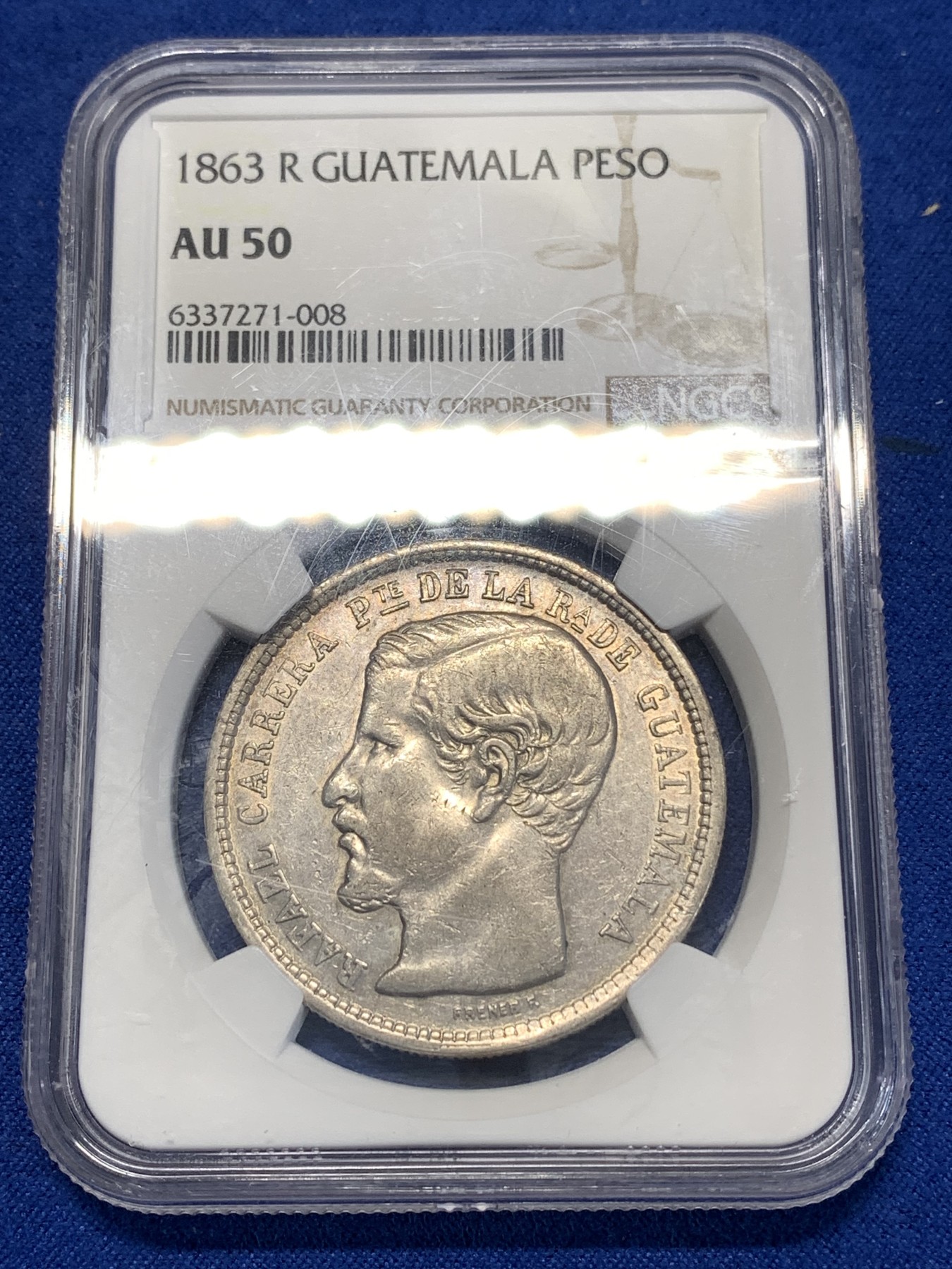 《竞宝斋》第261场-周日，周一，周二 3场连拍 (全场包邮) NGC AU50 危地马拉 1863年 1比索 大银币 热门中南美洲品种 这个品种给分难得