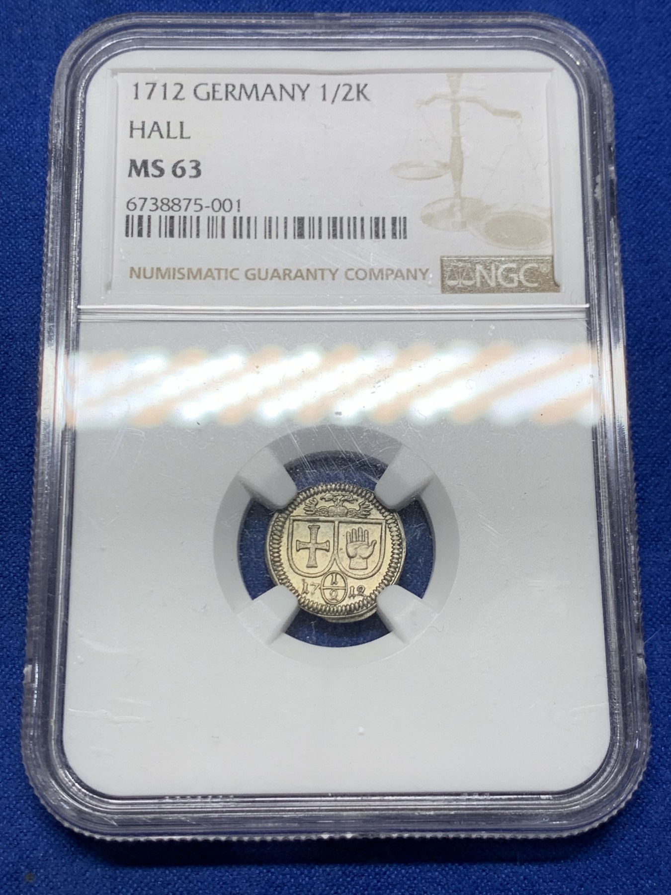 《竞宝斋》第261场-周日，周一，周二 3场连拍 (全场包邮) NGC MS63 德国哈尔1712年十字手掌 半克鲁泽（1/2克鲁泽） 单面小银币