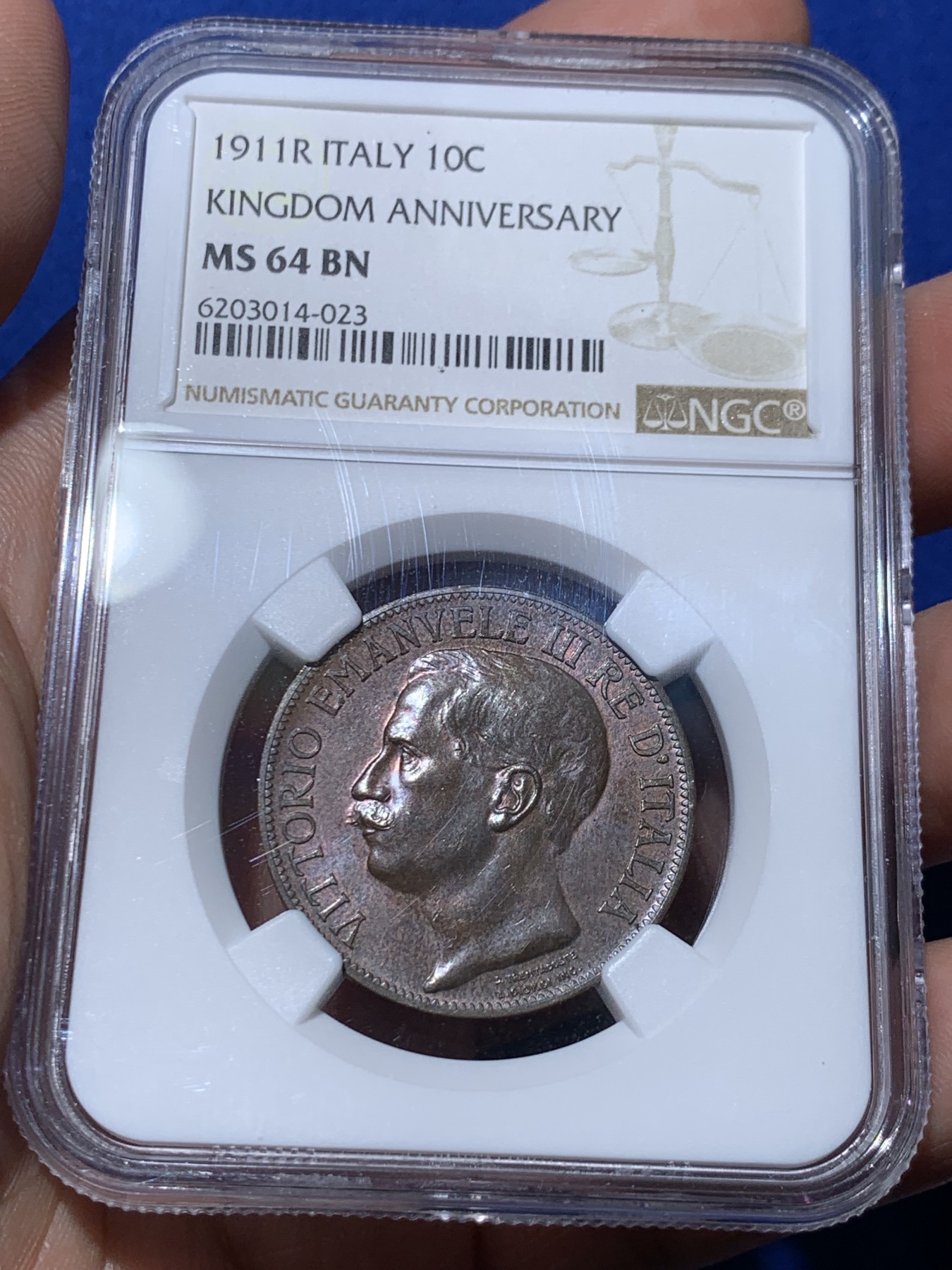 《竞宝斋》第261场-周日，周一，周二 3场连拍 (全场包邮) NGC MS64BN 意大利王国 1911年 建国50周年纪念10分铜币