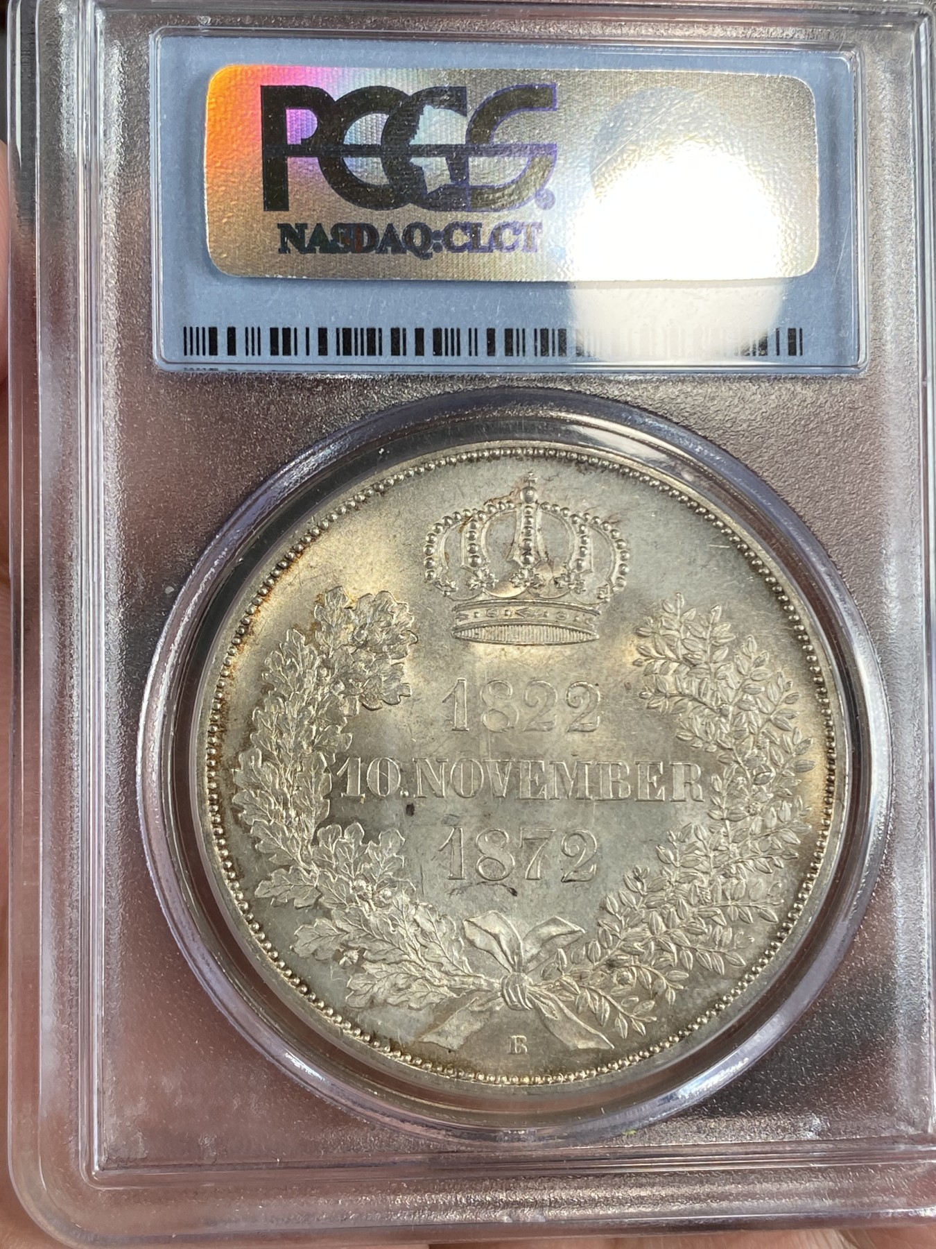万国钱币拍卖第024期（诸神之战） PCGS MS64+ 1872年德国萨克森金婚2泰勒 最后的2泰勒 银光寒气逼人 淡金彩环绕 实在是手不释泰勒