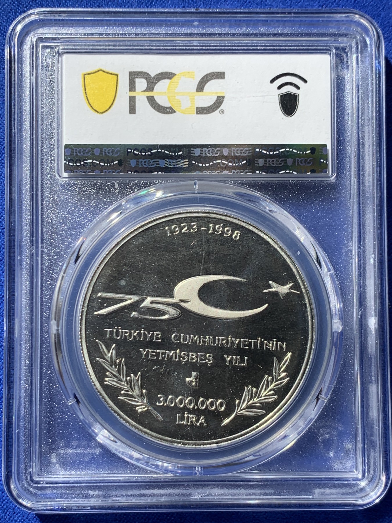 《竞宝斋》第261场-周日，周一，周二 3场连拍 (全场包邮) 亚军分 PCGS PR67DCAM 土耳其1998年共和国建立75周年精制纪念银币，国父凯末尔头像，铸造量3500枚