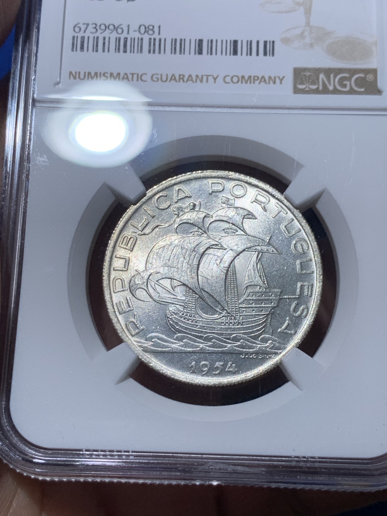 《竞宝斋》第261场-周日，周一，周二 3场连拍 (全场包邮) NGC MS65 葡萄牙1954年大帆船10埃斯库多银币