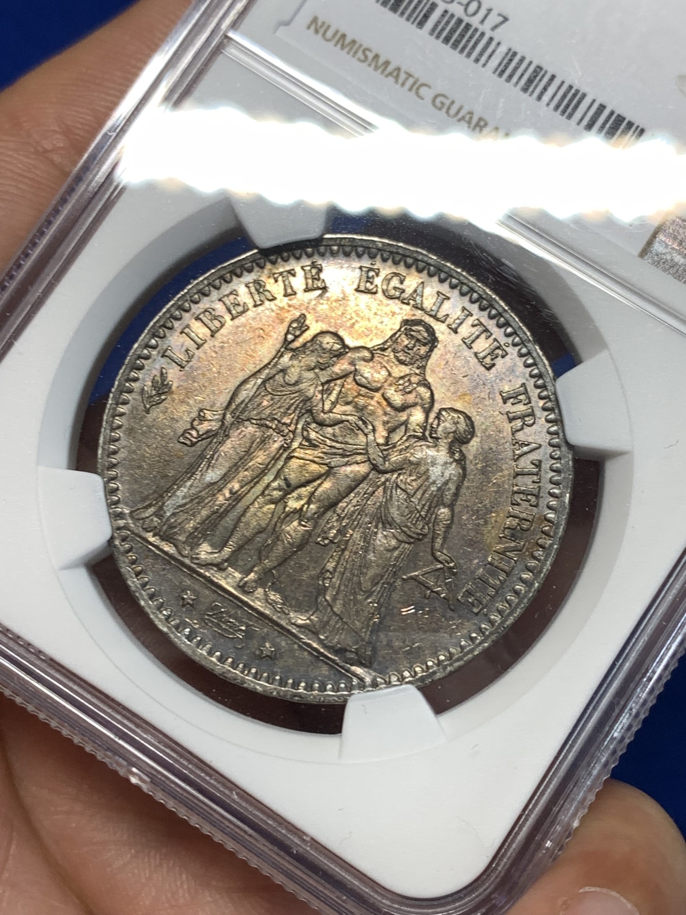 《竞宝斋》第261场-周日，周一，周二 3场连拍 (全场包邮) NGC AU53 法国1876年大力神5法郎银币