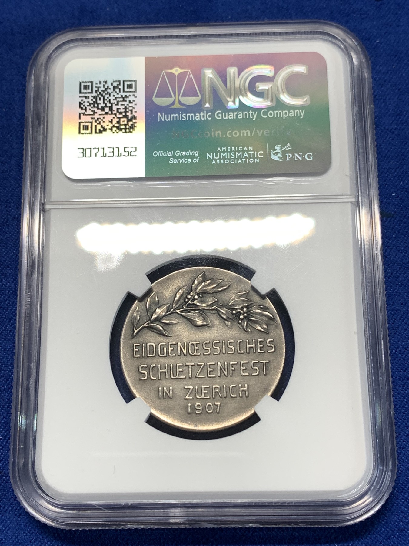 《竞宝斋》第261场-周日，周一，周二 3场连拍 (全场包邮) NGC MS62 瑞士1907年射击节银章 苏黎世射击节 正面为古典阿尔卑斯少女头像 很精致