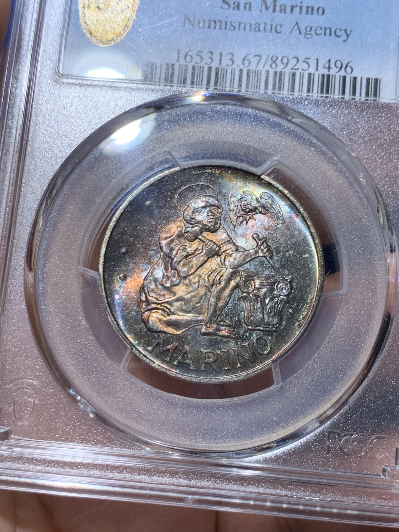 《竞宝斋》第261场-周日，周一，周二 3场连拍 (全场包邮) PCGS MS67 圣马力诺1975年500里拉银币，高分双面魔幻包浆彩