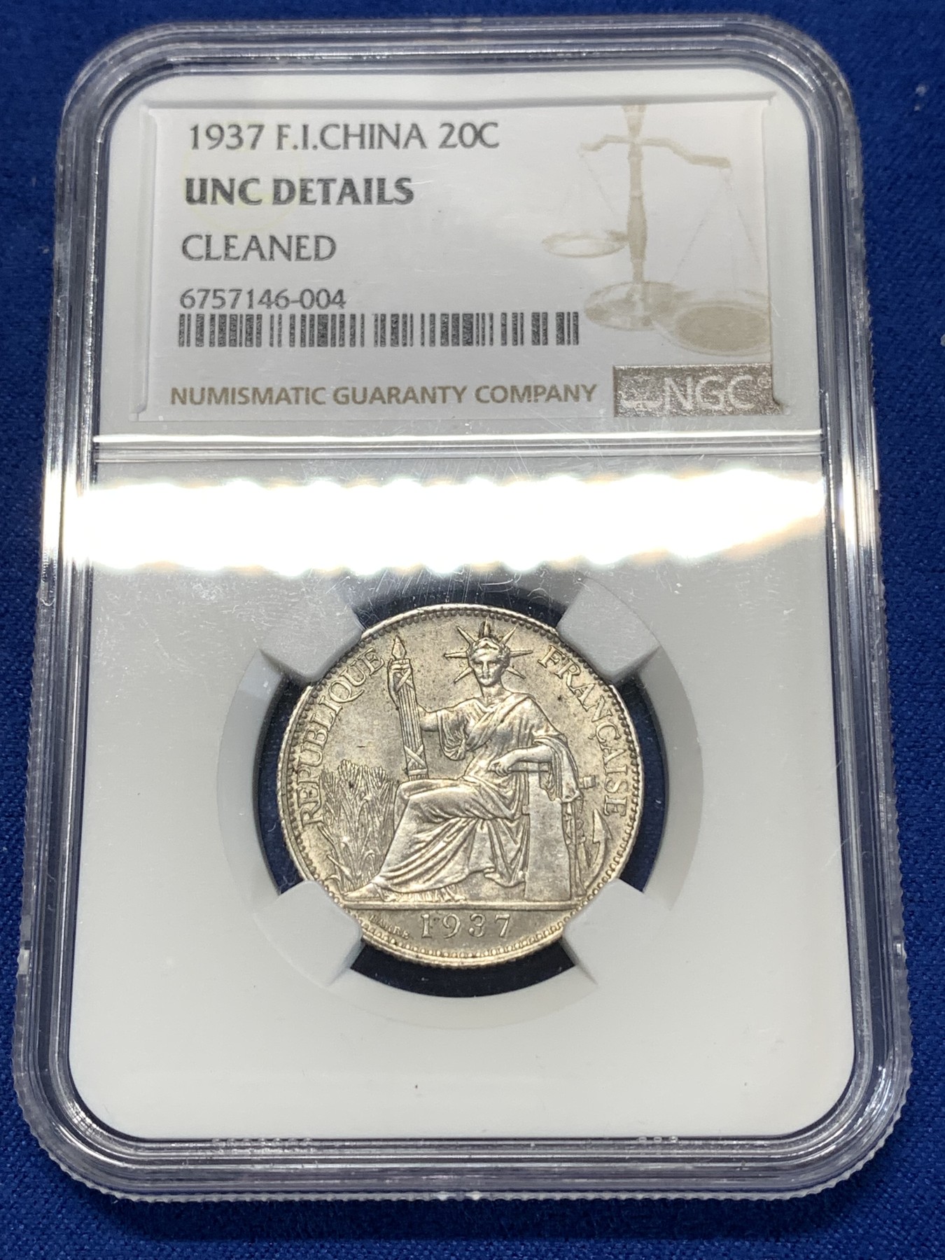 《竞宝斋》第261场-周日，周一，周二 3场连拍 (全场包邮) NGC UNCD 法属印支1937年20分坐洋银币