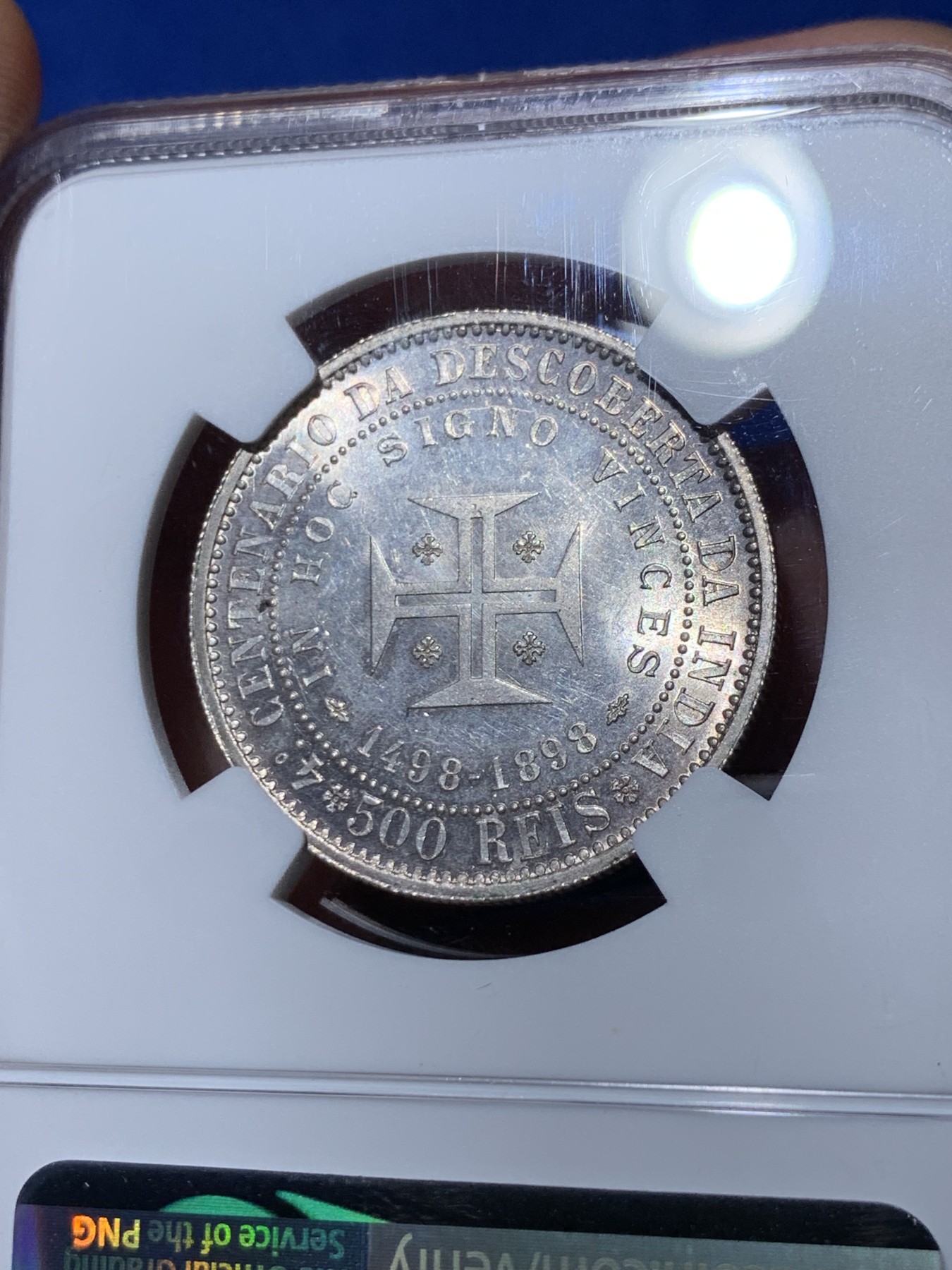 《竞宝斋》第261场-周日，周一，周二 3场连拍 (全场包邮) NGC MS63 葡萄牙 1898年 发现印度400周年 500瑞斯 银币 有点PL的感觉