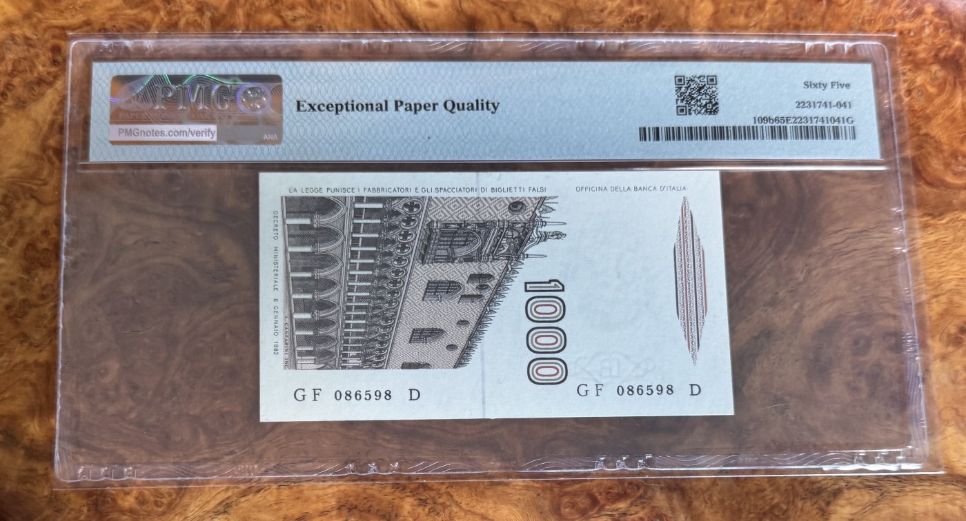 Chase Auction 第28期 - - 外钞、民国钞和人民币混合场！ 1982年意大利1000里拉，PMG65！