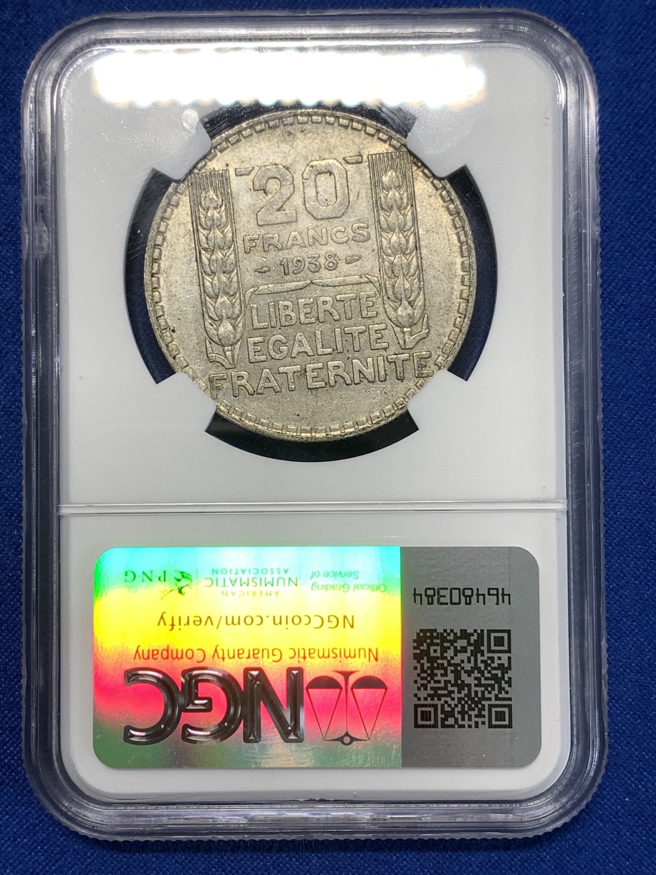 《竞宝斋》第261场-周日，周一，周二 3场连拍 (全场包邮) NGC AU55 法国1938年谷物女神20法郎银币