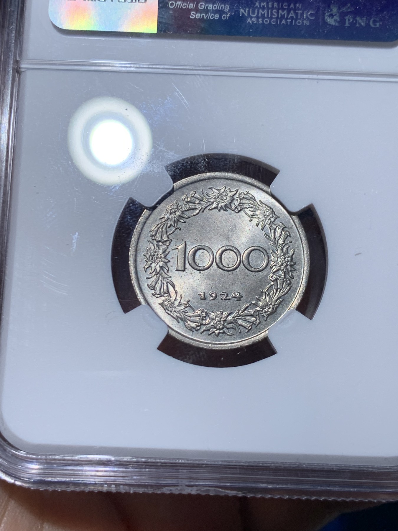 《竞宝斋》第261场-周日，周一，周二 3场连拍 (全场包邮) NGC MS64 奥地利1924年蒂罗尔高山美女1000K镍币 冠军分