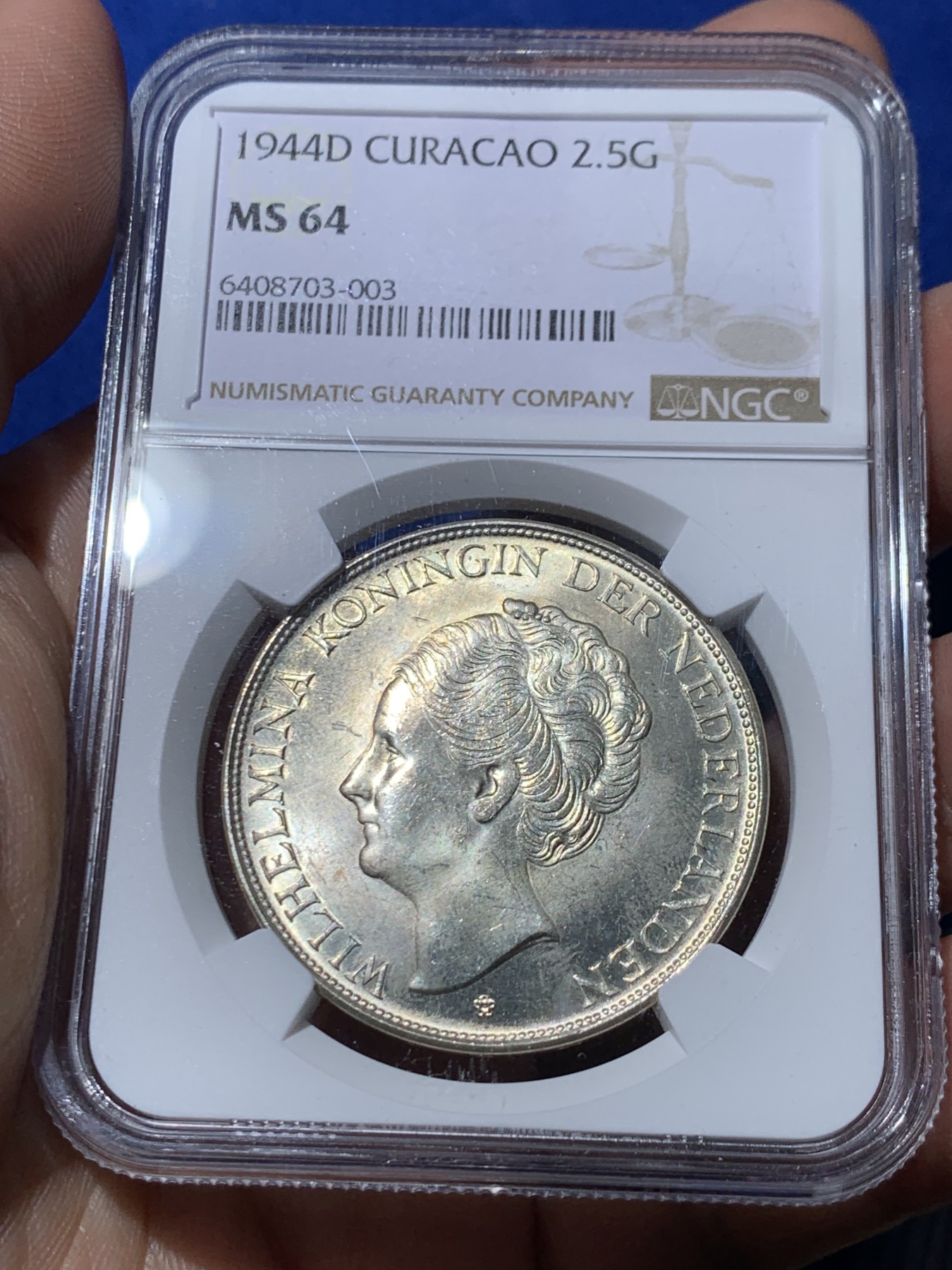 《竞宝斋》第261场-周日，周一，周二 3场连拍 (全场包邮) NGC MS64 1944年荷属库拉索2.5盾银币 卷拆原光 状态一流