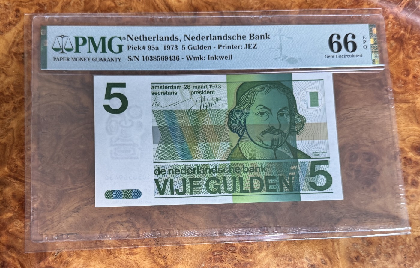 Chase Auction 第28期 - - 外钞、民国钞和人民币混合场！ 1973年荷兰5盾，PMG66！