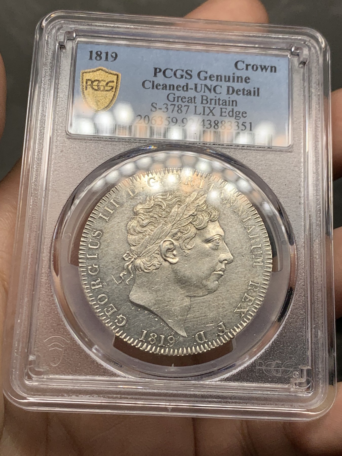 《竞宝斋》第261场-周日，周一，周二 3场连拍 (全场包邮) PCGS UNCD 1819年英国乔治三世马剑 镜面底板，所以划痕格外明显，毕竟UNC，其他细节不差的
