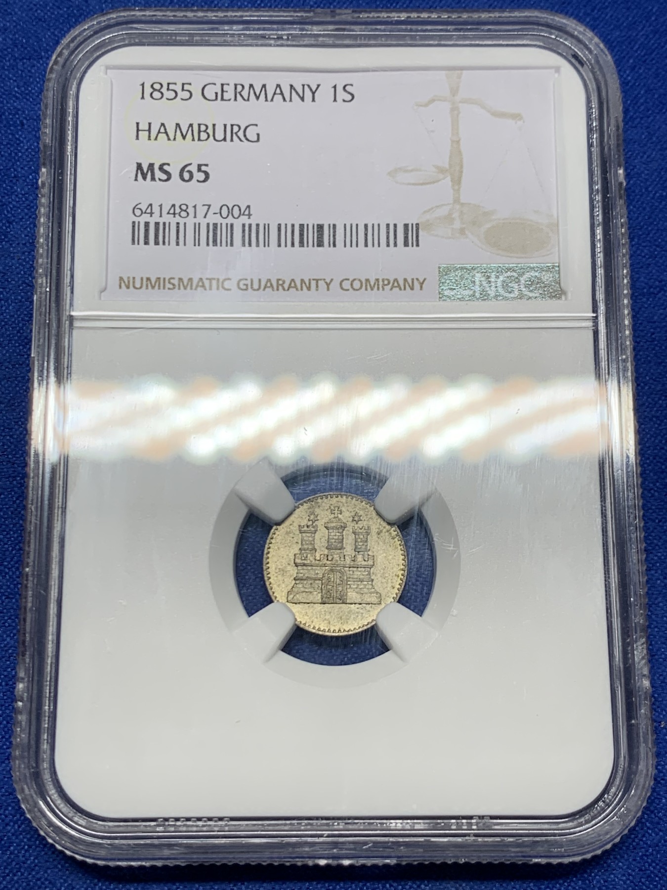 《竞宝斋》第261场-周日，周一，周二 3场连拍 (全场包邮) NGC MS65 德国 1855年 汉堡 1S 城堡先令 银币 黄油彩 高分 细节很好 更高分仅三枚