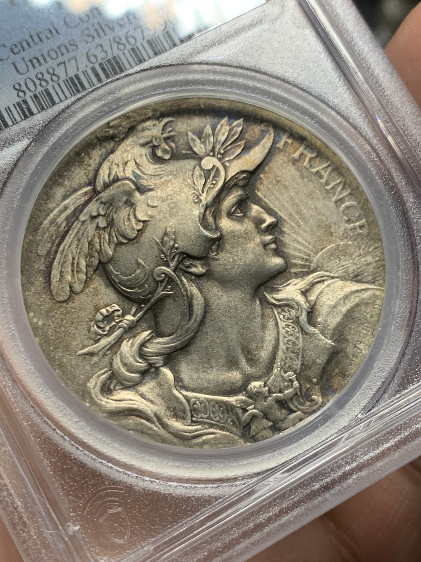 《竞宝斋》第261场-周日，周一，周二 3场连拍 (全场包邮) PCGS SP63 唯一冠军分 19世纪末 法国玛丽安娜女神镀银铜章，SP为首见，经典玛丽安娜女神。金彩纸袋包浆，双面完美状态，冠军品质！