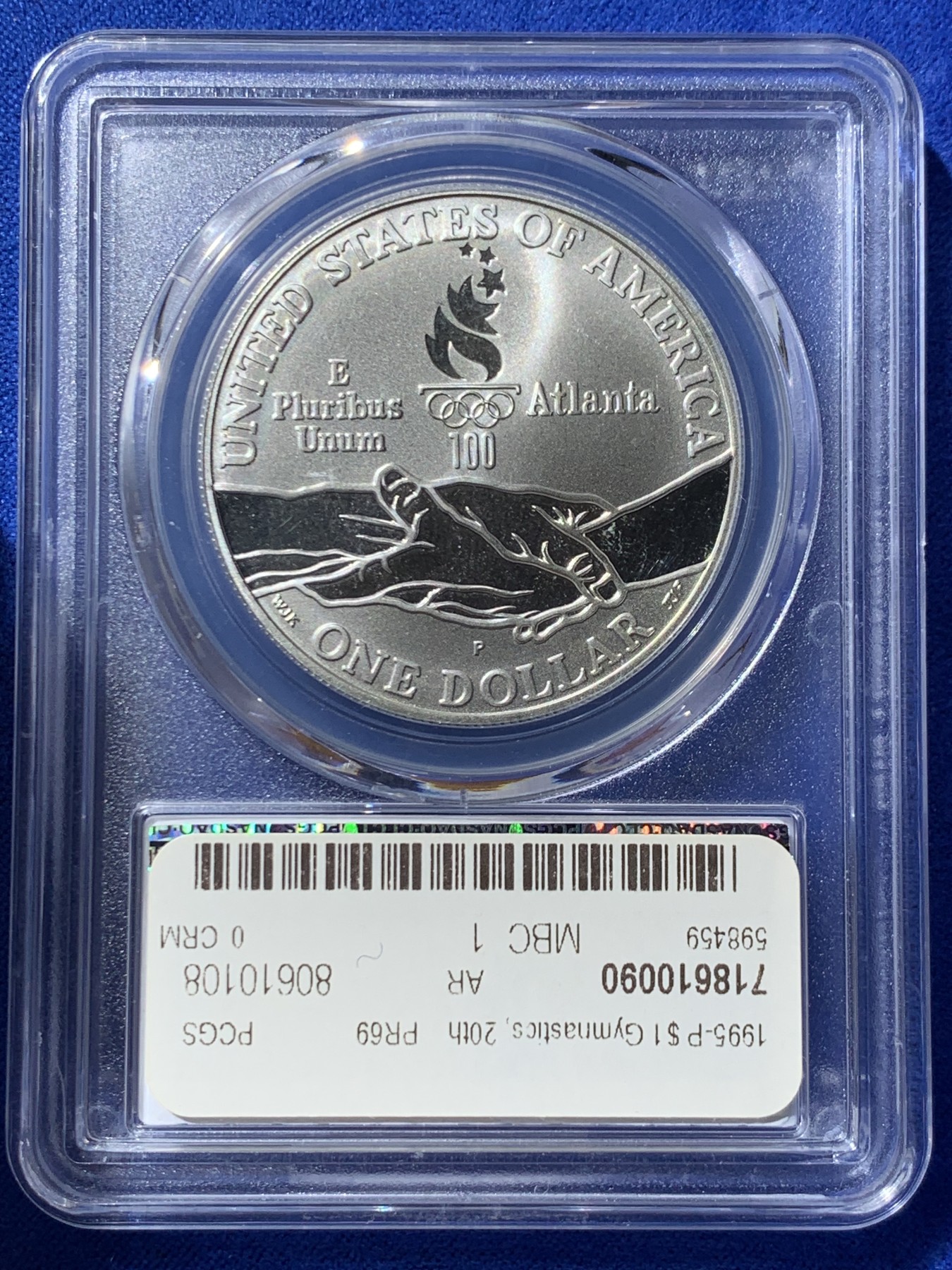 《竞宝斋》第261场-周日，周一，周二 3场连拍 (全场包邮) PCGS PF69DC 美国1995年P版奥运体操1美元精制大银币