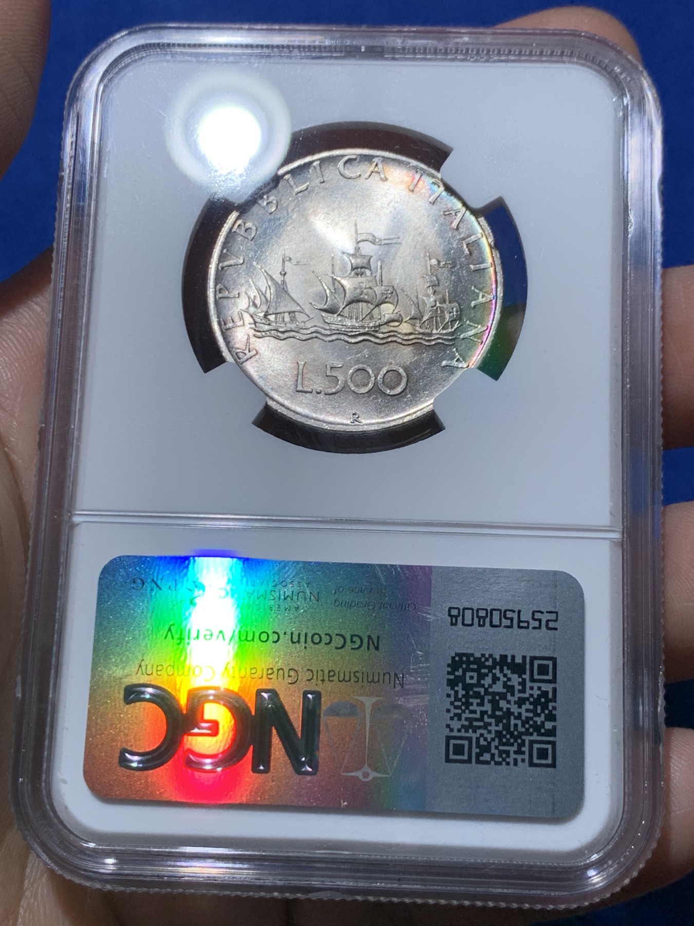 《竞宝斋》第261场-周日，周一，周二 3场连拍 (全场包邮) NGC MS63 意大利1958年人妻帆船500里拉银币