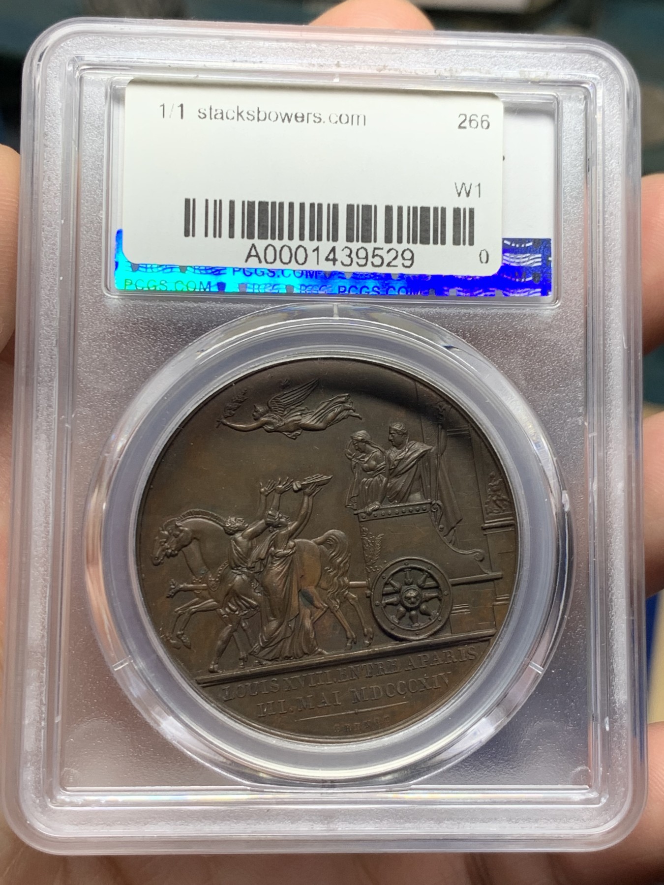 《竞宝斋》第261场-周日，周一，周二 3场连拍 (全场包邮) PCGS SP63 1814法国路易十八重返巴黎复辟铜章，拿破仑战败，老国王路易十八返回巴黎，更高仅2枚64。64分近日麦稀奇拍卖含佣金2225元成交