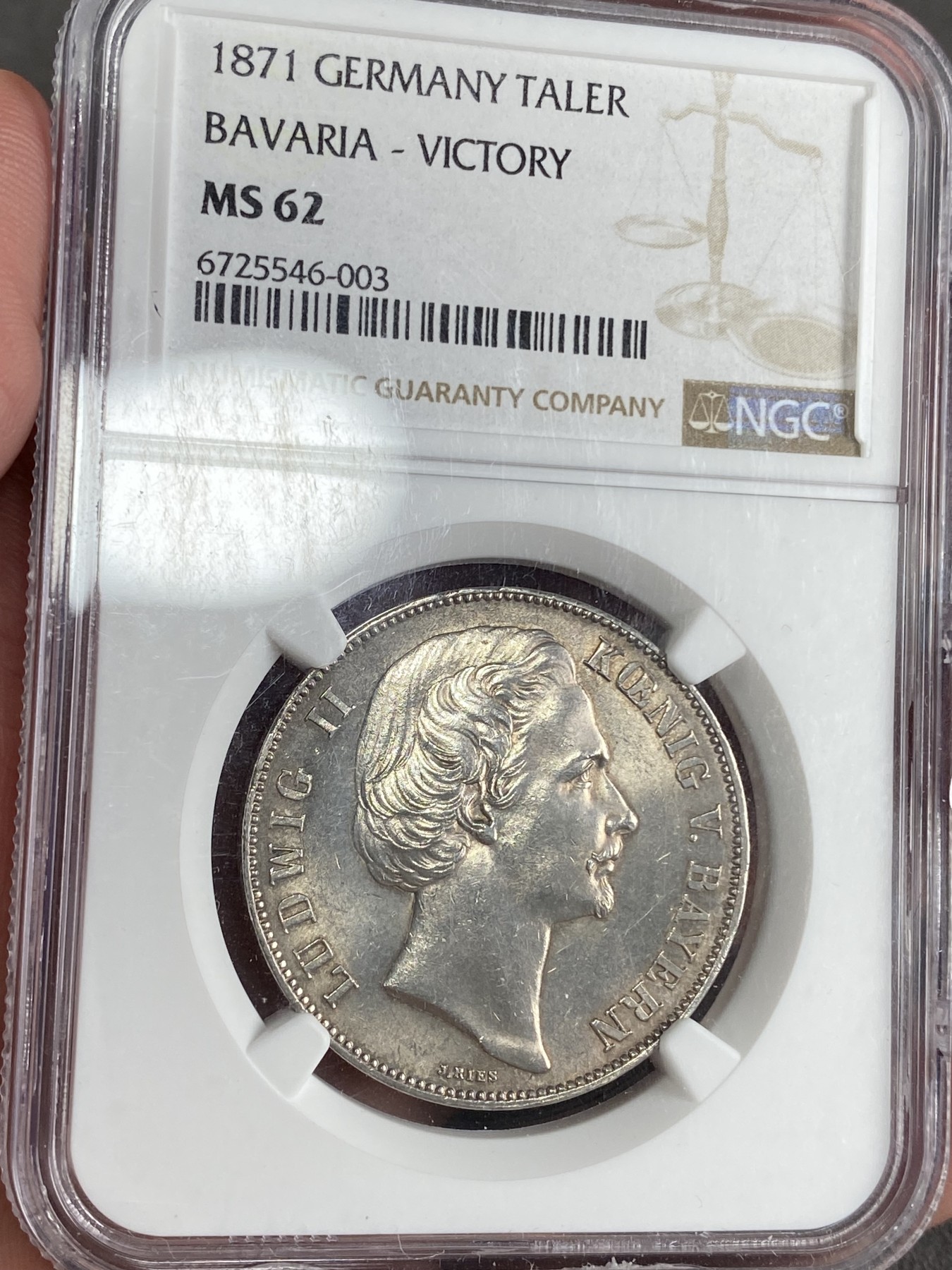 万国钱币拍卖第024期（诸神之战） NGC MS62 1871年德国巴伐利亚路德维希二世普法战争胜利1泰勒 十字转光 银霜感强烈