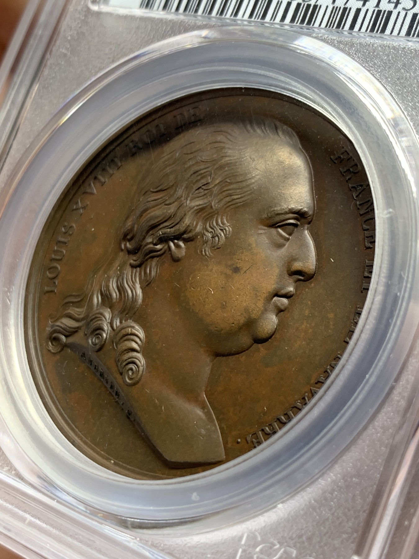 《竞宝斋》第261场-周日，周一，周二 3场连拍 (全场包邮) PCGS SP63 1814法国路易十八重返巴黎复辟铜章，拿破仑战败，老国王路易十八返回巴黎，更高仅2枚64。64分近日麦稀奇拍卖含佣金2225元成交