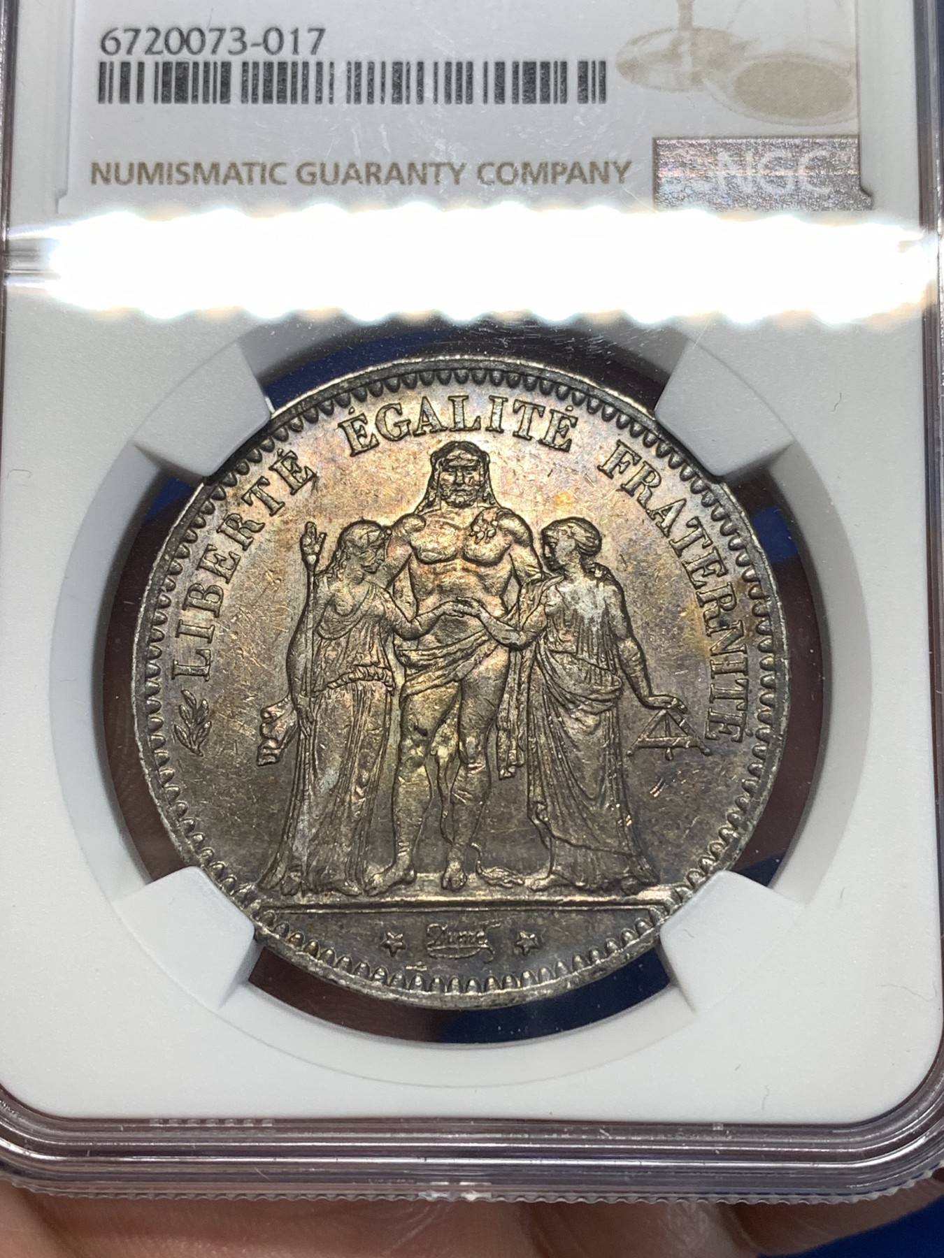 《竞宝斋》第261场-周日，周一，周二 3场连拍 (全场包邮) NGC AU53 法国1876年大力神5法郎银币