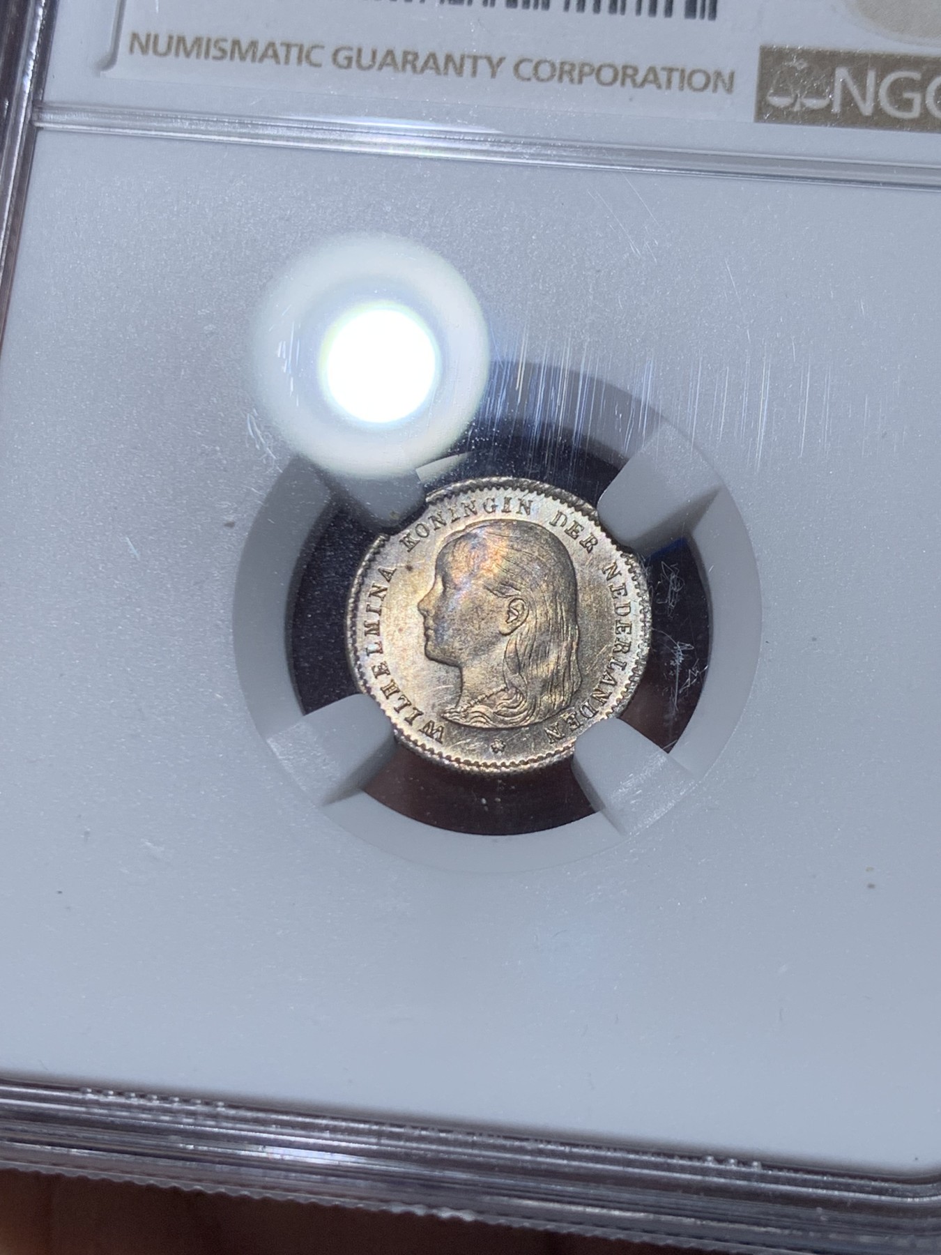 《竞宝斋》第261场-周日，周一，周二 3场连拍 (全场包邮) NGC MS63 荷兰1897年威廉明娜女王10分银币，最受欢迎的长发萝莉，转光喜人，底板有pl感。萝莉系列凑套必备