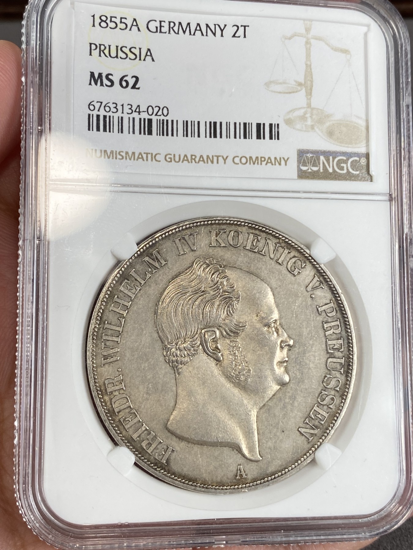万国钱币拍卖第024期（诸神之战） NGC MS62 1855年德国普鲁士威廉四世大窗帘流通2泰勒 经典品种洋葱头 原味的淡彩加持