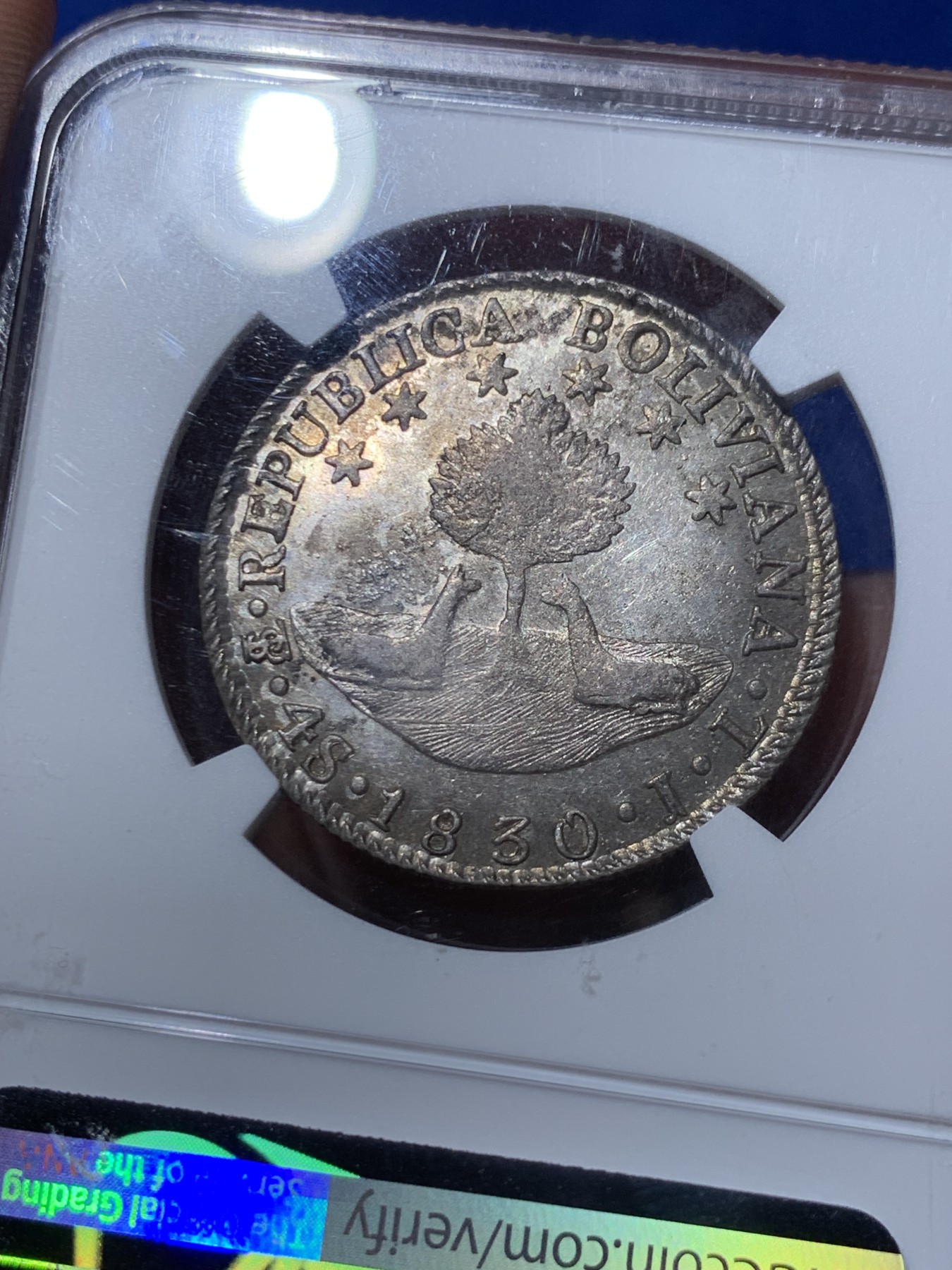 《竞宝斋》第261场-周日，周一，周二 3场连拍 (全场包邮) NGC MS61 玻利维亚 1830年 玻利瓦尔戎装 4S 银币 好彩淡五彩 非常少见的品种