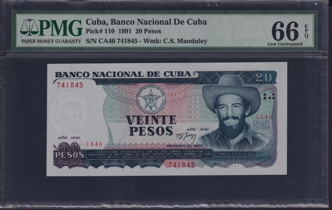 草稿银行第十九期国内外钞票拍卖 古巴1991年20比索 中国代印 PMG 66