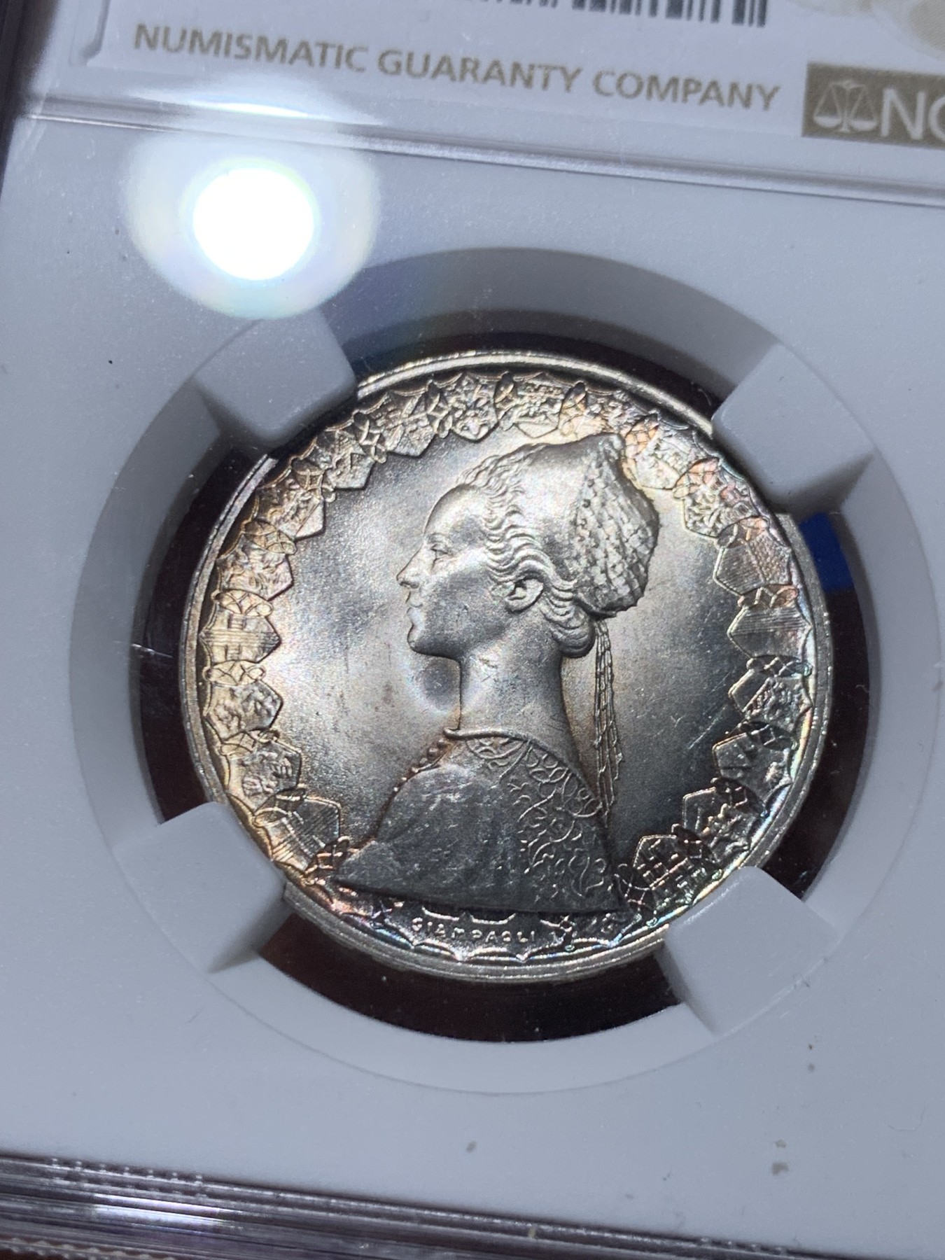 《竞宝斋》第261场-周日，周一，周二 3场连拍 (全场包邮) NGC MS63 意大利1958年人妻帆船500里拉银币