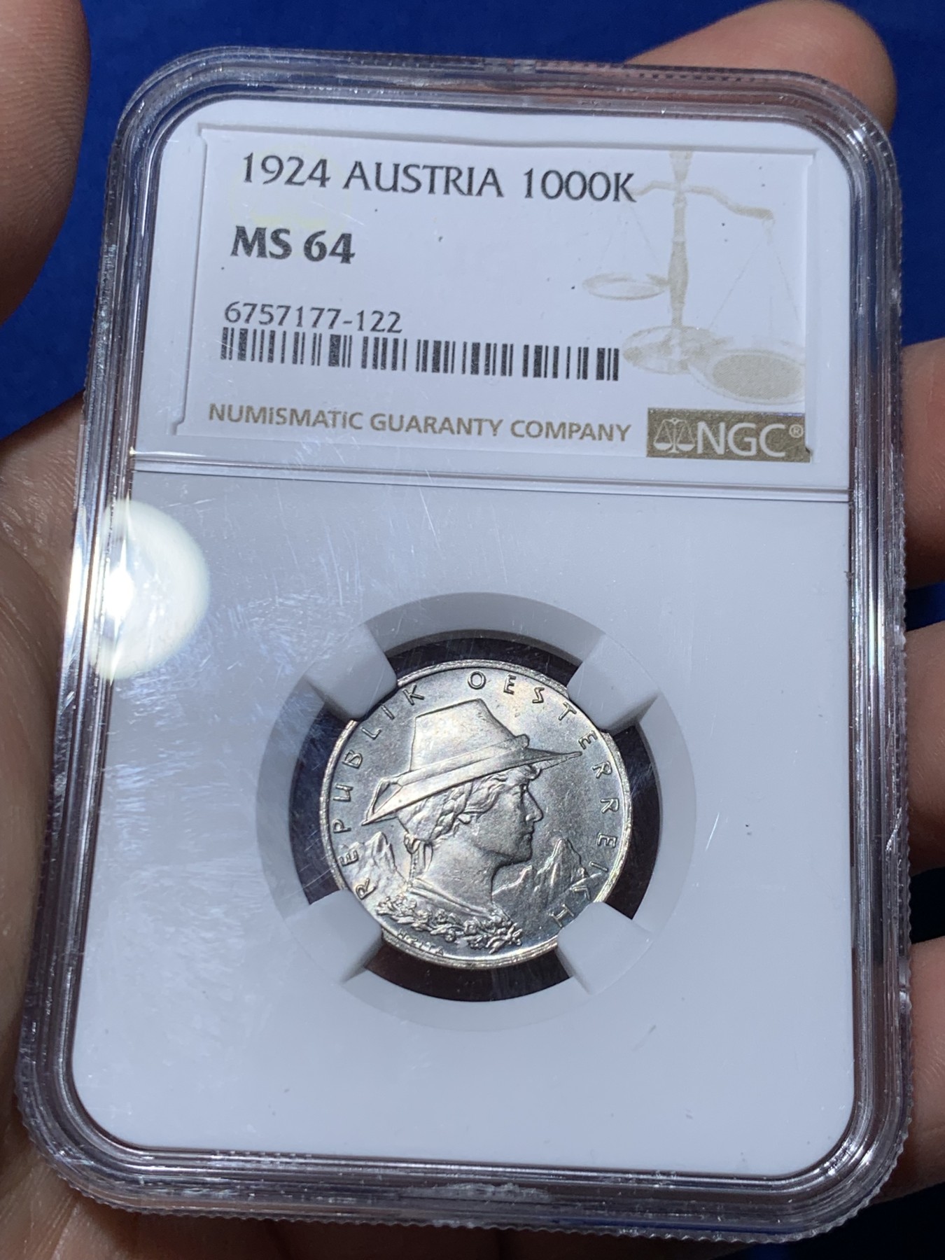 《竞宝斋》第261场-周日，周一，周二 3场连拍 (全场包邮) NGC MS64 奥地利1924年蒂罗尔高山美女1000K镍币 冠军分
