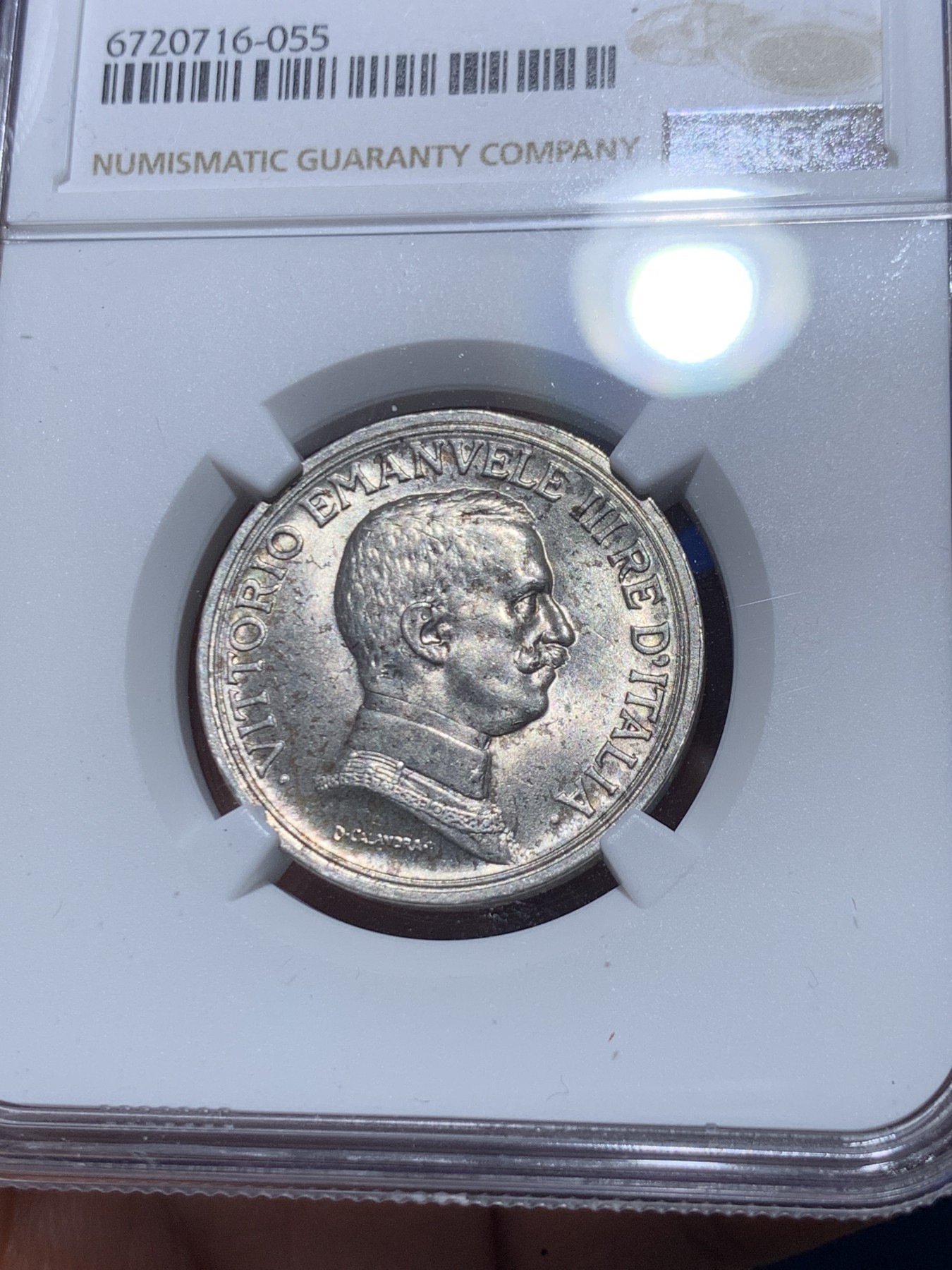 《竞宝斋》第261场-周日，周一，周二 3场连拍 (全场包邮) NGC MS62 意大利1915年埃曼纽尔二世马车2里拉银币