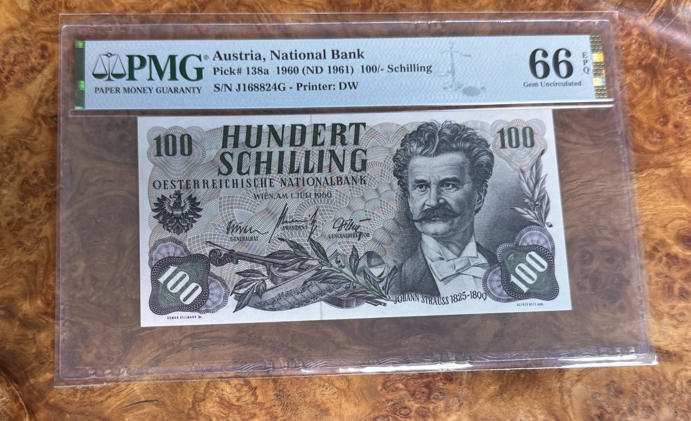 Chase Auction 第28期 - - 外钞、民国钞和人民币混合场！ 1960年奥地利100先令，PMG66！