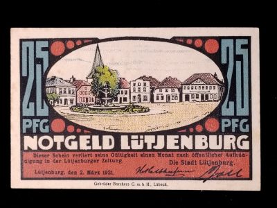 巴斯克收藏第256期 纸币专场 4-5月30/1/2 号三场连拍 全场包邮 - 德国 魏玛共和国 石勒苏益格-荷尔斯泰因州 吕特延堡市 1921年 25芬尼紧急纸币