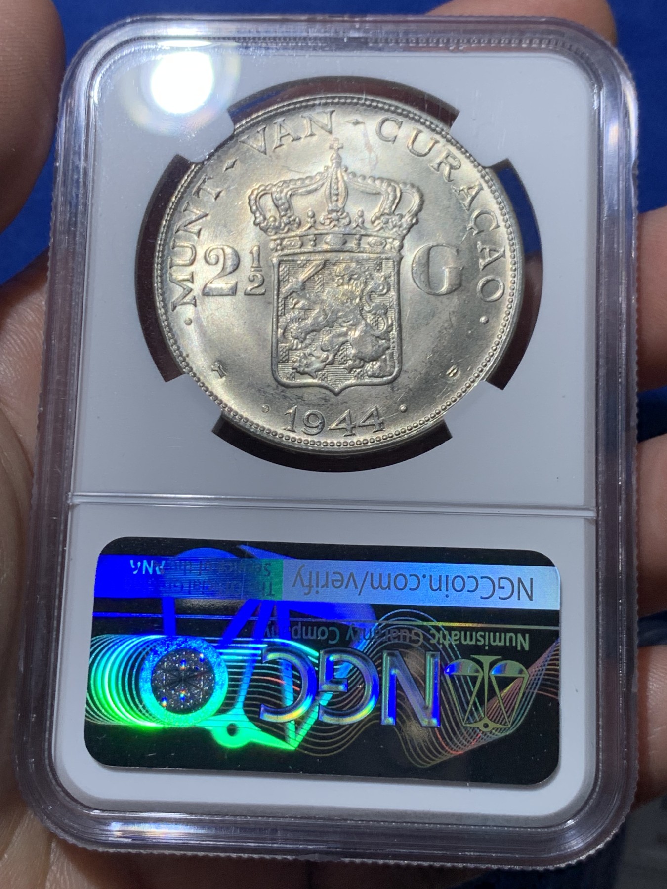 《竞宝斋》第261场-周日，周一，周二 3场连拍 (全场包邮) NGC MS64 1944年荷属库拉索2.5盾银币 卷拆原光 状态一流