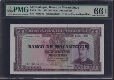 草稿银行第十九期国内外钞票拍卖 - 莫桑比克1976年 500埃斯库多 原大西洋银行1967年500票面上加盖“莫桑比克银行”PMG 66 号码全程无3457