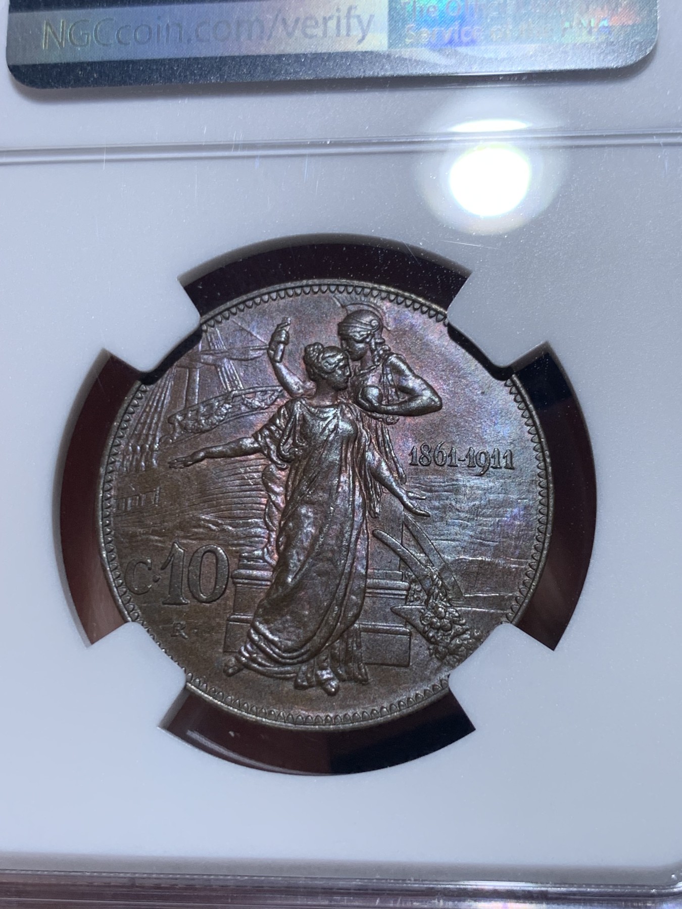 《竞宝斋》第261场-周日，周一，周二 3场连拍 (全场包邮) NGC MS64BN 意大利王国 1911年 建国50周年纪念10分铜币