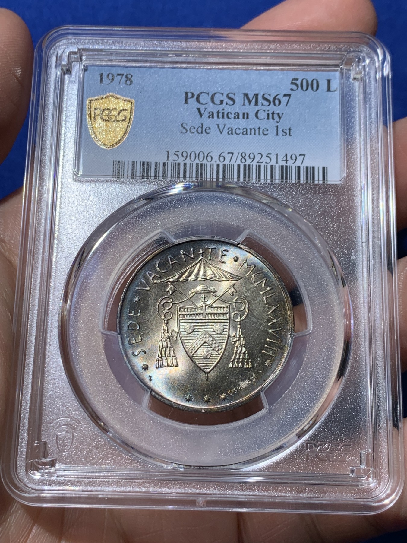 《竞宝斋》第261场-周日，周一，周二 3场连拍 (全场包邮) PCGS MS67 梵蒂冈1978年500里拉缺位纪念币，冠军分，双面带彩