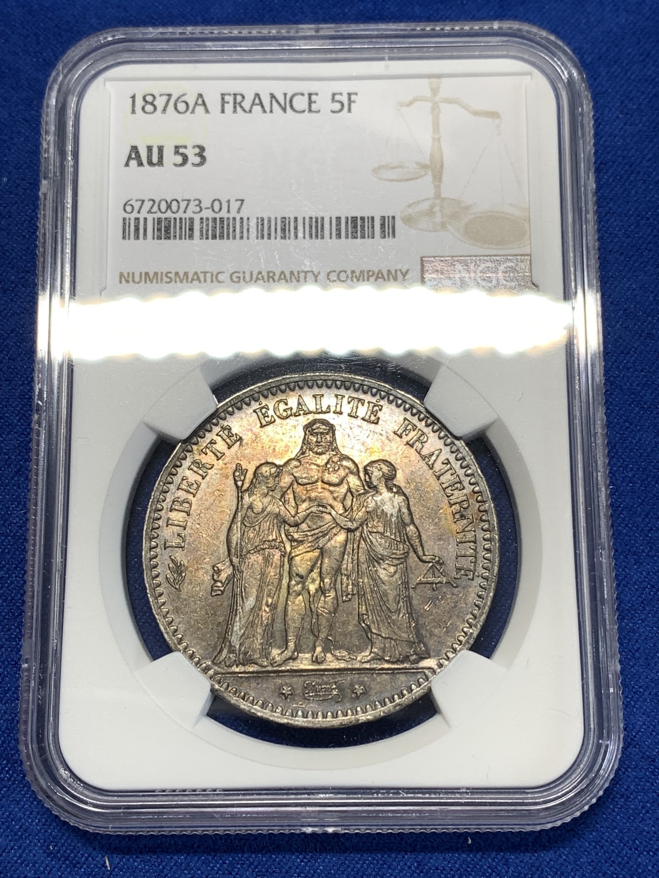 《竞宝斋》第261场-周日，周一，周二 3场连拍 (全场包邮) NGC AU53 法国1876年大力神5法郎银币