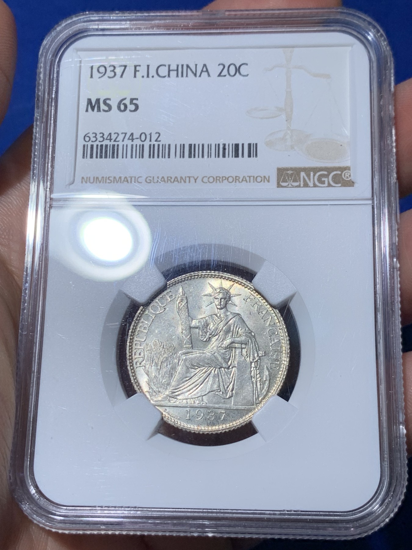 《竞宝斋》第261场-周日，周一，周二 3场连拍 (全场包邮) NGC MS65 法属印度支那 1937年 20分坐洋小银币 原光底板 高分 挺鼻梁