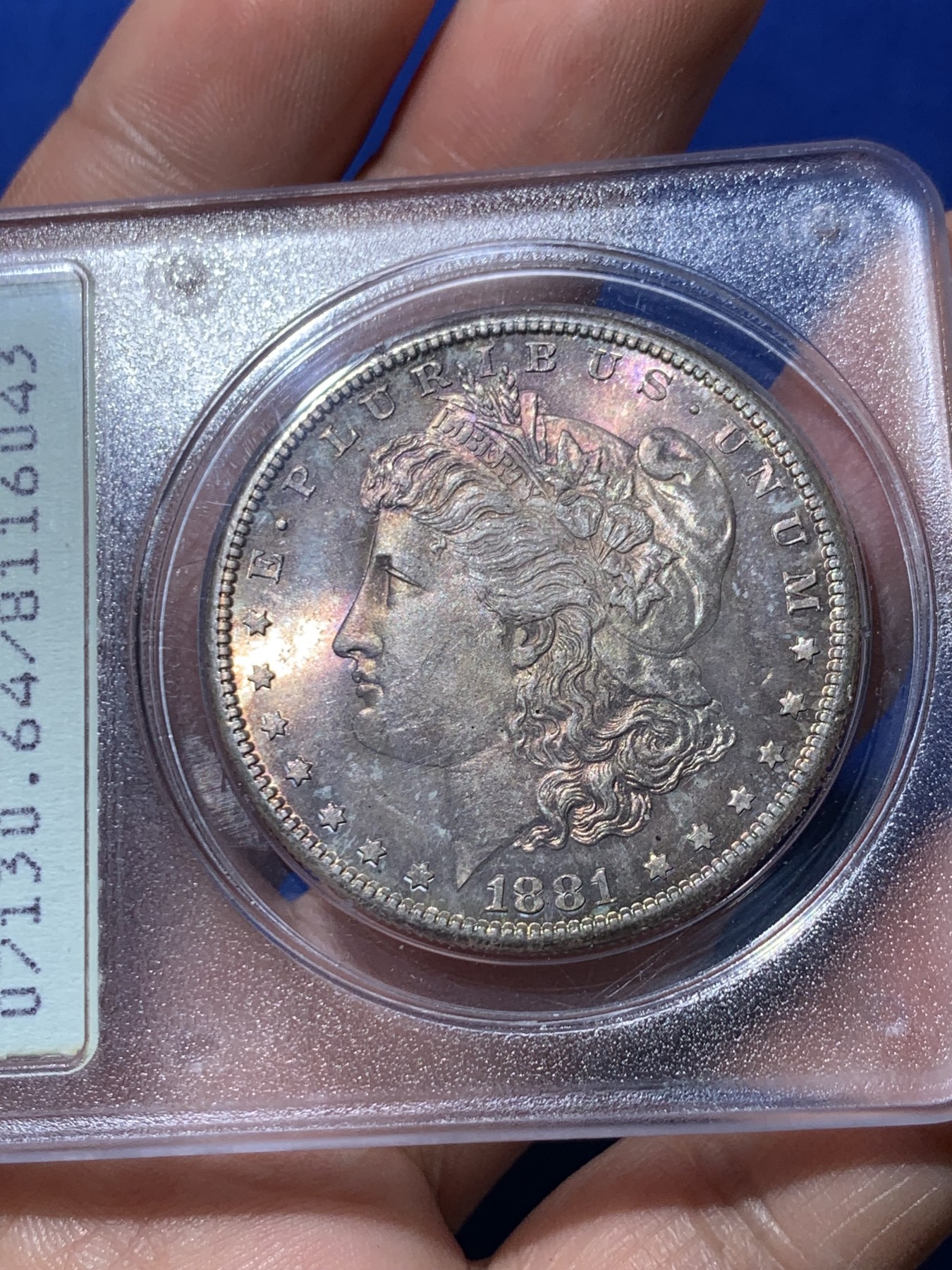 《竞宝斋》第261场-周日，周一，周二 3场连拍 (全场包邮) PCGS MS64 美国 1881年 摩根一美元 rattler 一代盒 正面红紫色包浆 低评状态 背面盒子有小划